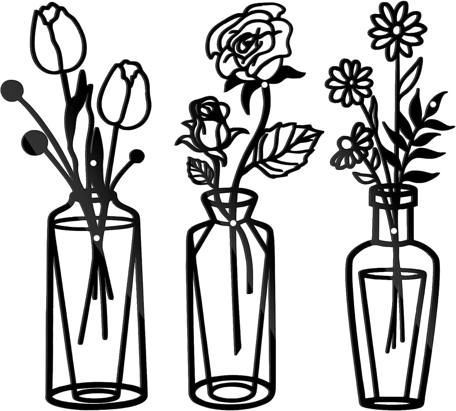 3 Metal Flower Wall Art, Black Tulip Wire Iron Decor, Black Metal Wall Art, Flower in Vase Wire Wall Hanging Decor for Living Room, Bathroom, Bedroom, Patio, Balcony, Kitchen