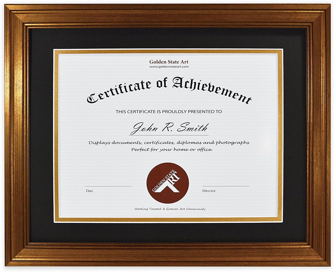 Golden State Art, 11x14 Dark Gold Document Frame for 8.5x11 Diploma/Certificate, Sawtooth Hangers for Wall Mounting with Real Glass (Black/Gold Double Mat)