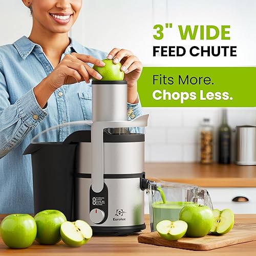 Miniatura 3 de Eurolux Exprimidor centrífugo, extractor de jugo fácil de limpiar con canal de alimentación de 3 pulgadas para menos corte, acero inoxidable y sin