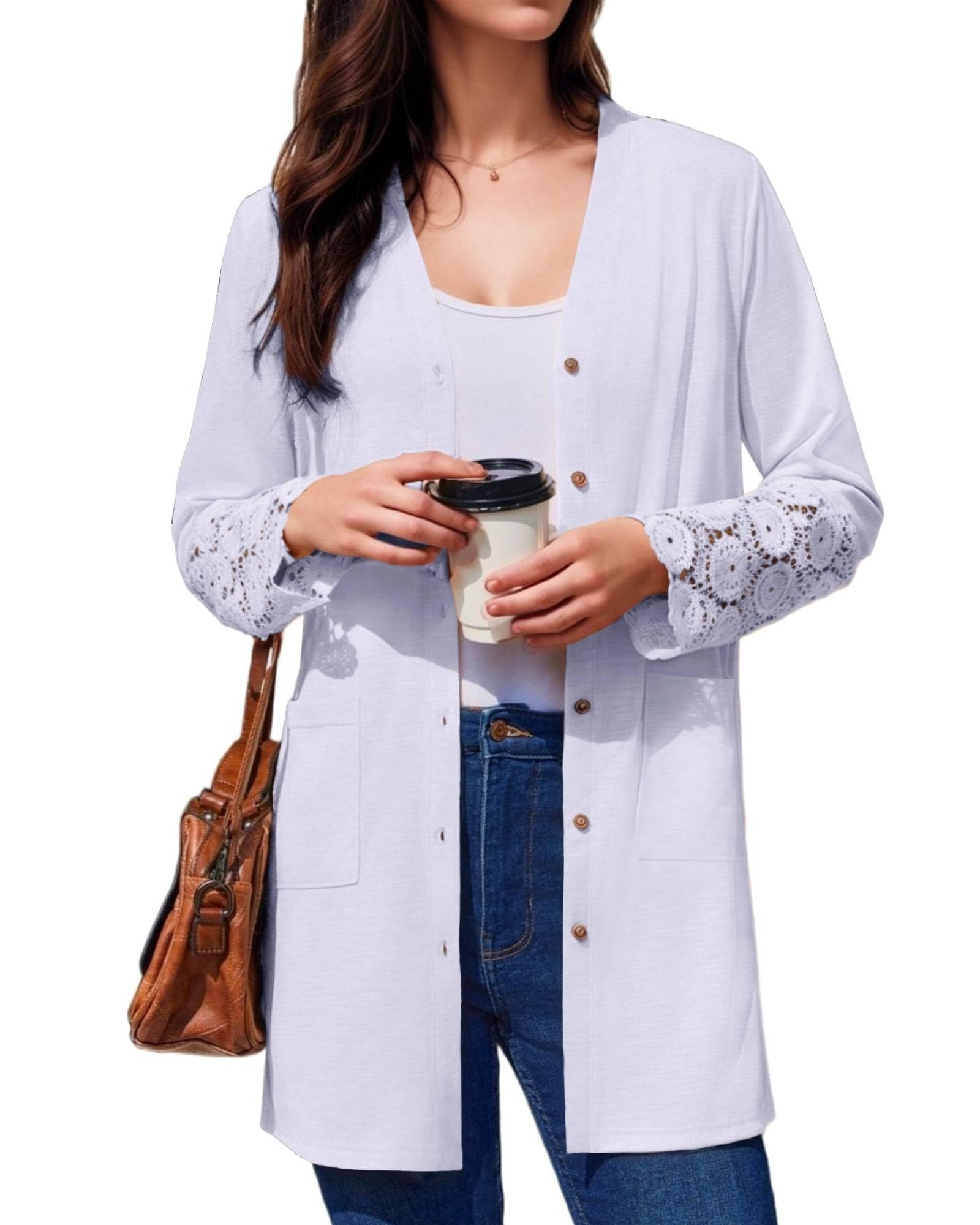Teepie Womens Lightweight Cardigan Casual Long Lace Sleeve Knitted Cardigan Sweaters Open Front Button Down Pockets Outwear