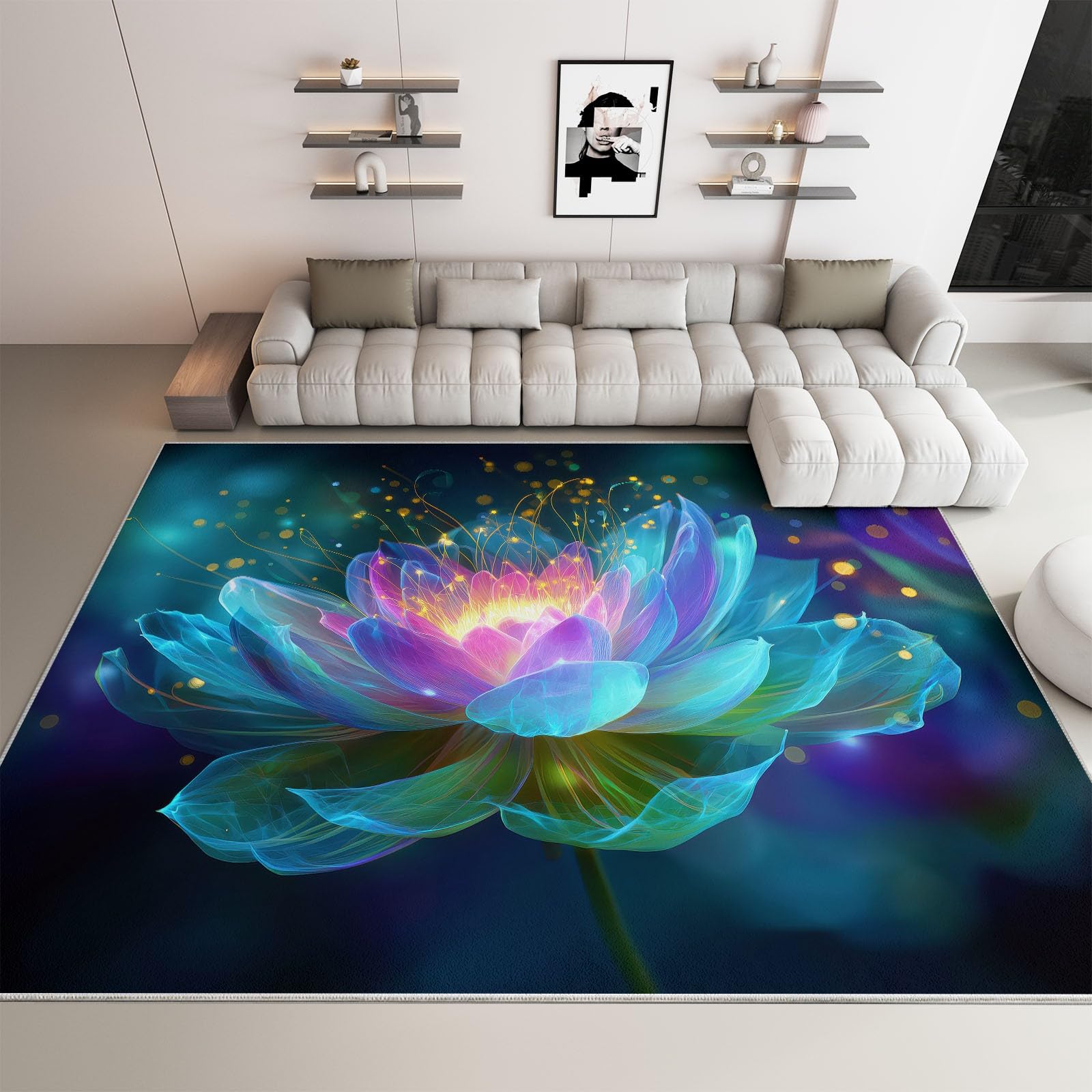 Teppich Wohnzimmer Farbenfroher Lotus 140x200cm Waschbare Kurzflor Teppiche Großer rutschfest Carpet, für Schlafzimmer, Büro, Kinderzimmer Druck Teppich