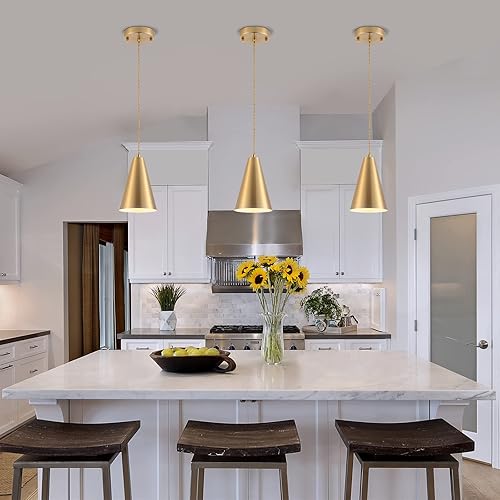 Miniatura 8 de Luces colgantes doradas para isla de cocina, lámparas de comedor sobre mesa, paquete de 3 con pantalla de metal de cono de latón cepillado, apliques