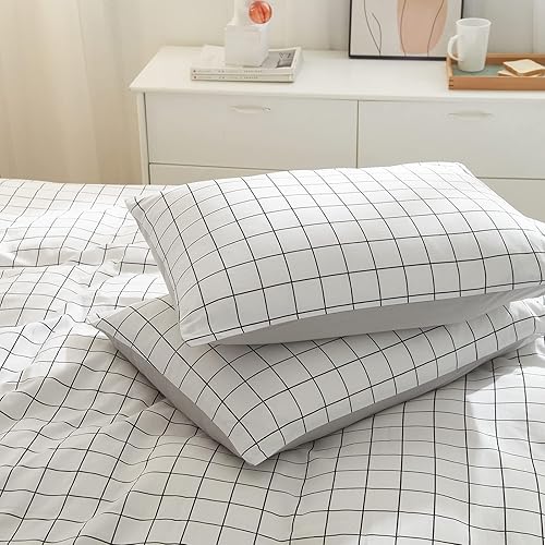 Miniatura 5 de VClife Funda de edredón de algodón individual XL, juego de ropa de cama a cuadros tamaño individual XL, estilo simple, blanco y gris, funda de