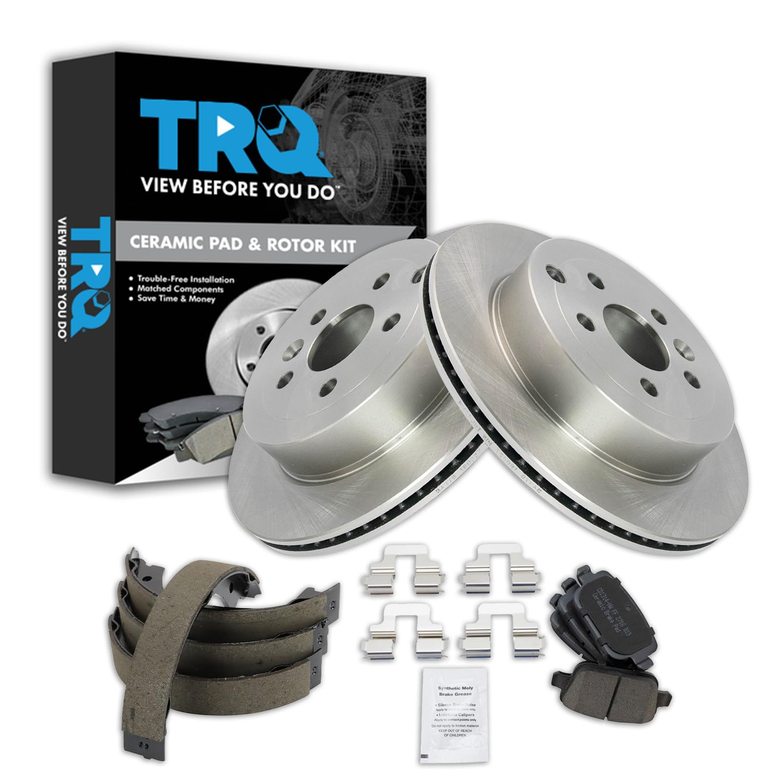 TRQ Rear Brake Pad and Rotor Set Ceramic Parking Shoe Compatible with 2008-2012 Land Rover LR2