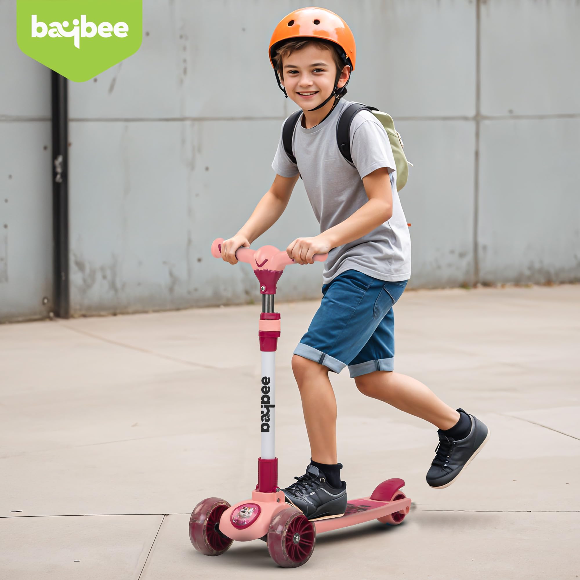 Baybee Kitty Kick Scooter for Kids | Foldable 3 Wheel Kid Scooter with 4 Height Adjustable Handle & Brake | Skate Scooters with LED PU Wheels | Runner Scooters for Kids 3 to 10 Years Boys Girls (Pink) - Image 2 thumbnail