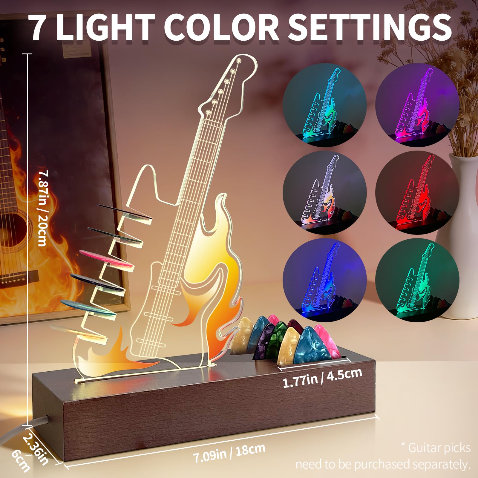 Porta plettro per chitarra illuminato, 7 colori con luce LED, display per plettro per chitarra in acrilico, alimentato tramite USB, accessorio per chitarra, può contenere 6 plettri, regalo per uomini