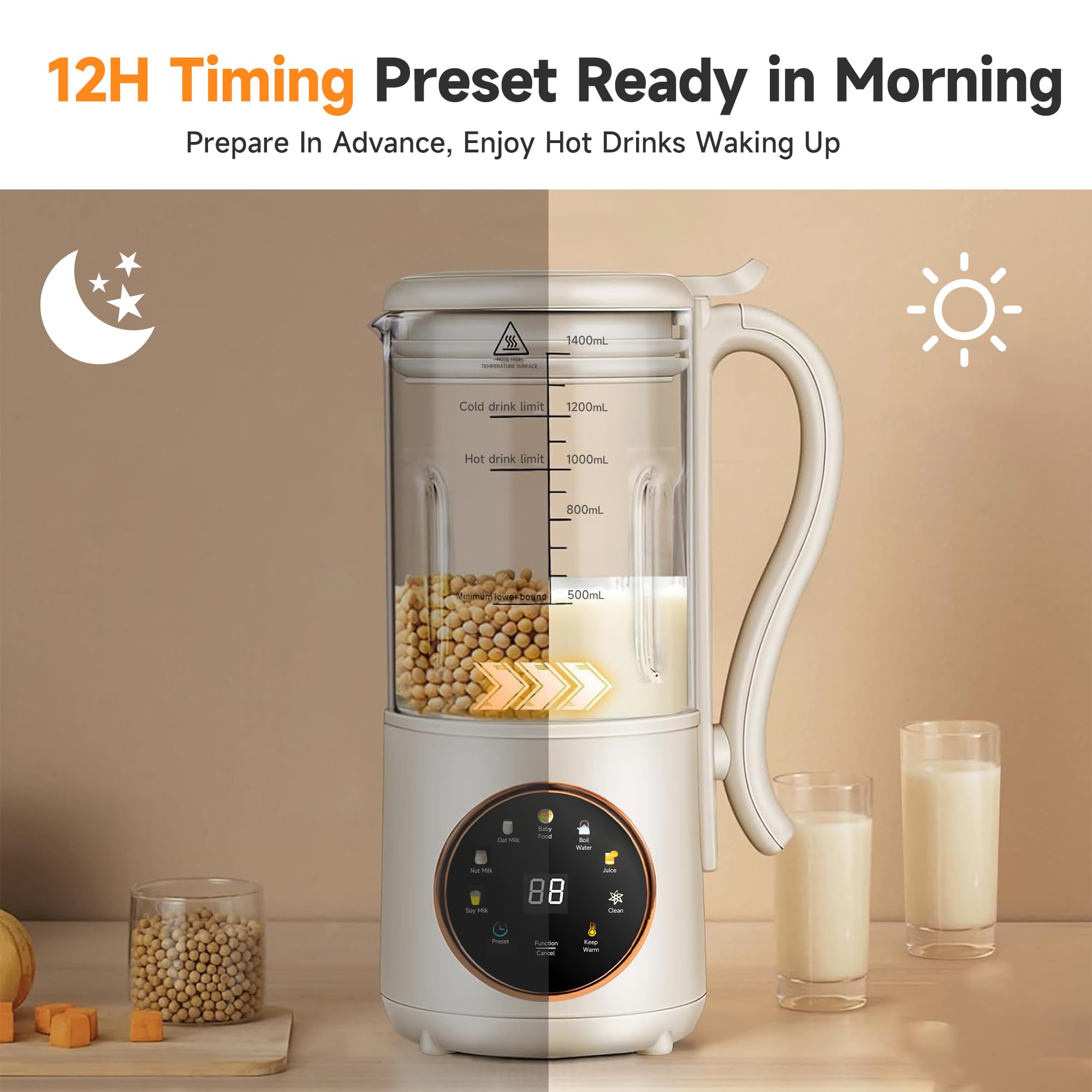 Nussmilchmaschine 1.4L, Automatischer Nussmilchbereiter, Pflanzenmilchbereiter, Hafermilch Maschine LED-Display, Entsafter Sojamilch Maschine für Selbstgemachte Pflanzenmilch, Hafer, Mandelmilch