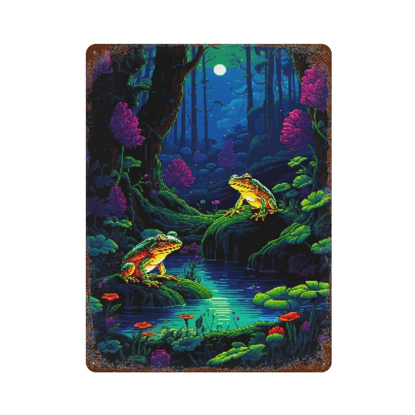 Garage Style Peaceful Retro Frogs Pixel Decorative Tin Sign 15.7"x11.8", Industrial Home Decor for Bar And Workshop