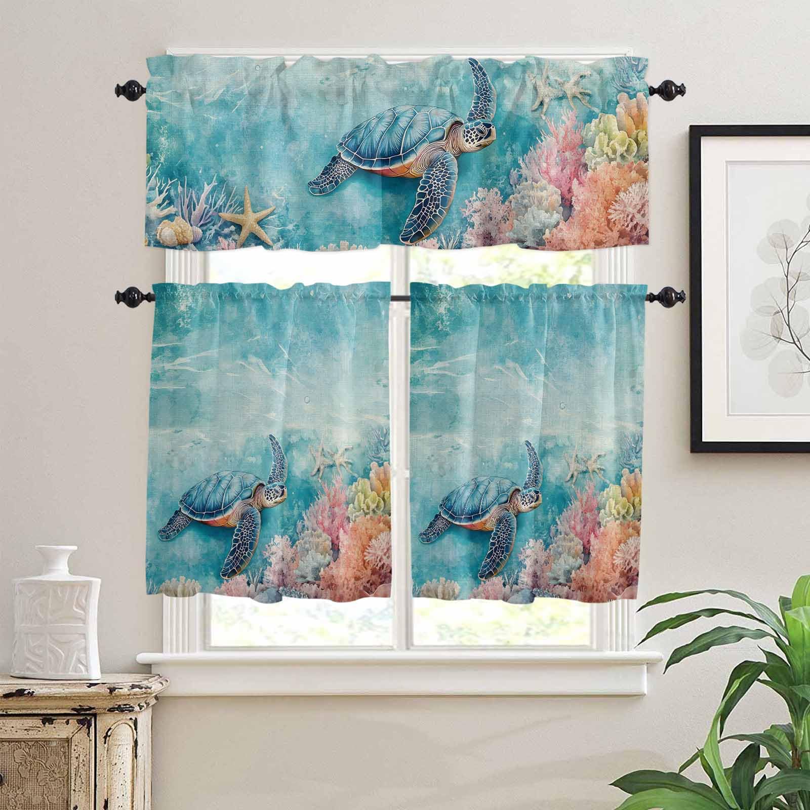 Turtle Kitchen Curtains 24 Inch Length, 3 Piece Rod Pocket Small Half Tiers and Valance Set, Coastal Ocean Starfish Coral Watercolor Blue Small Large Window Treatment Decor for Bedroom/Bathroom Sink