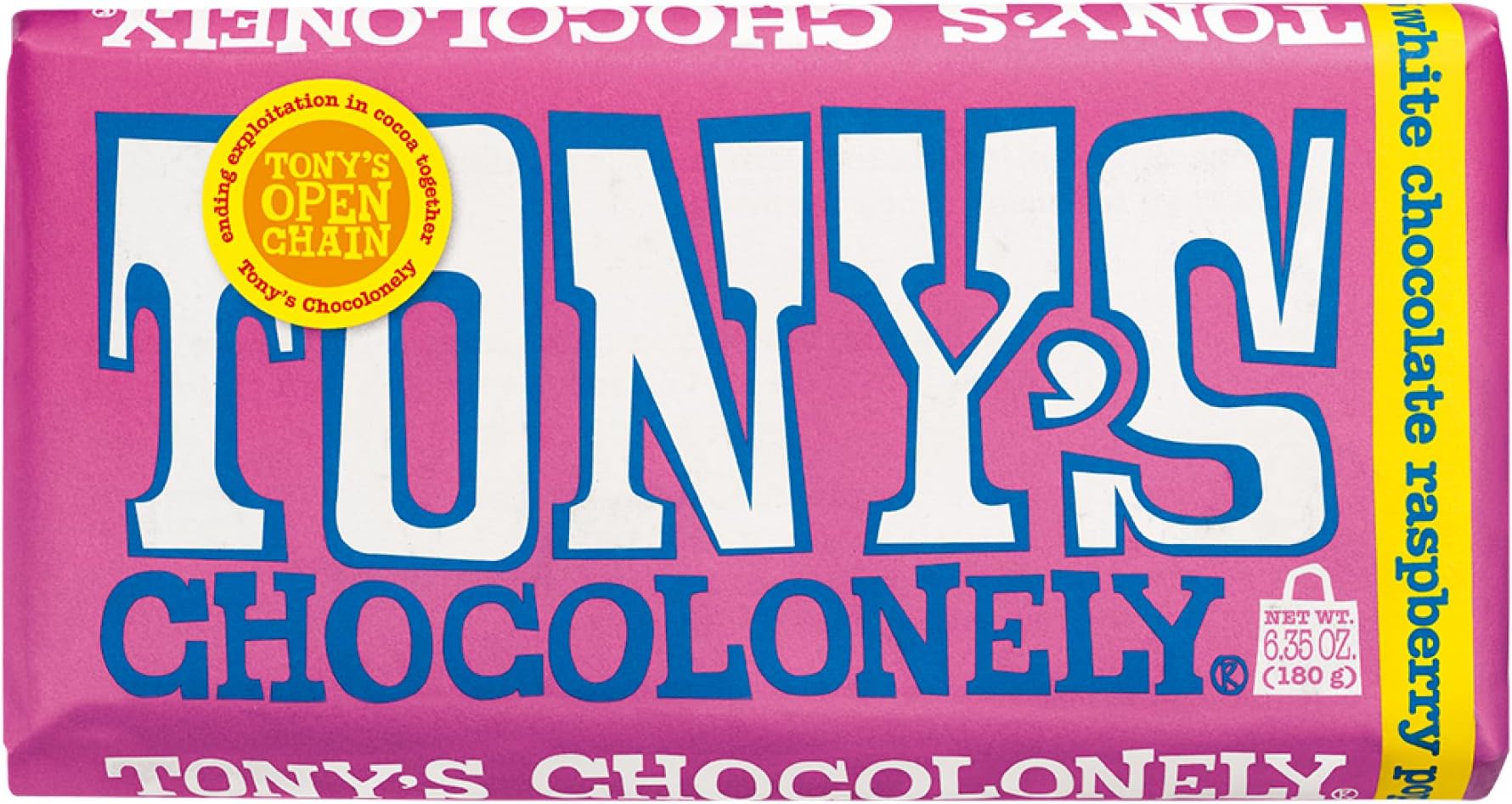 Tony’s Chocolonely Belgian White Chocolate Raspberry Candy Bar With Popping Candy, Chocolate Bar for Snacks, Party Favors, Gifts, or Gift Basket, 28% Cacao, Made From Quality Fairtrade Cocoa, 6.35 Oz