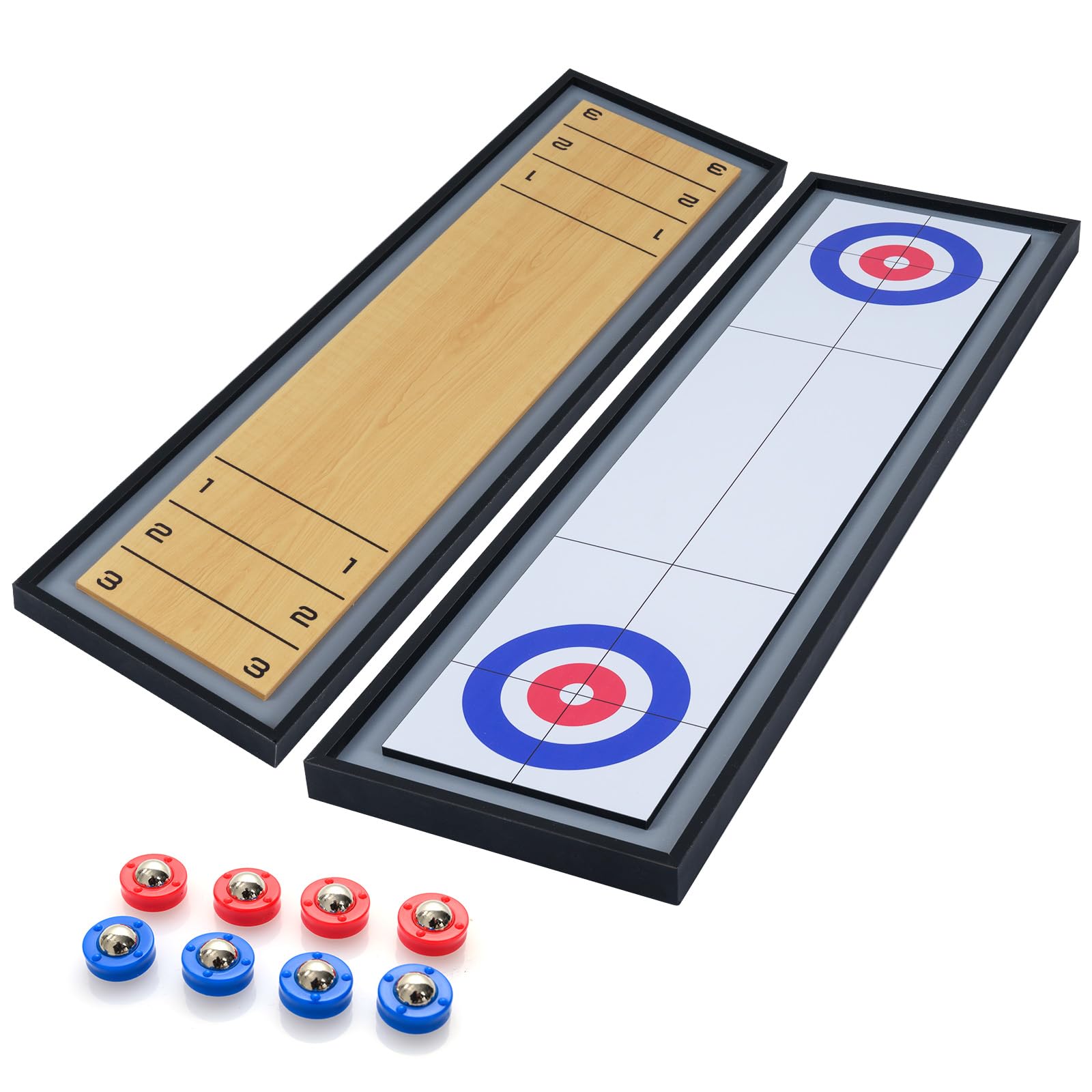 COSTWAY 2 in 1 Shuffleboard and Curling Game Table, Portable 2-Sided Tabletop Games with 8 Rolling Pucks, Wooden Family Game Set for Kids & Adults