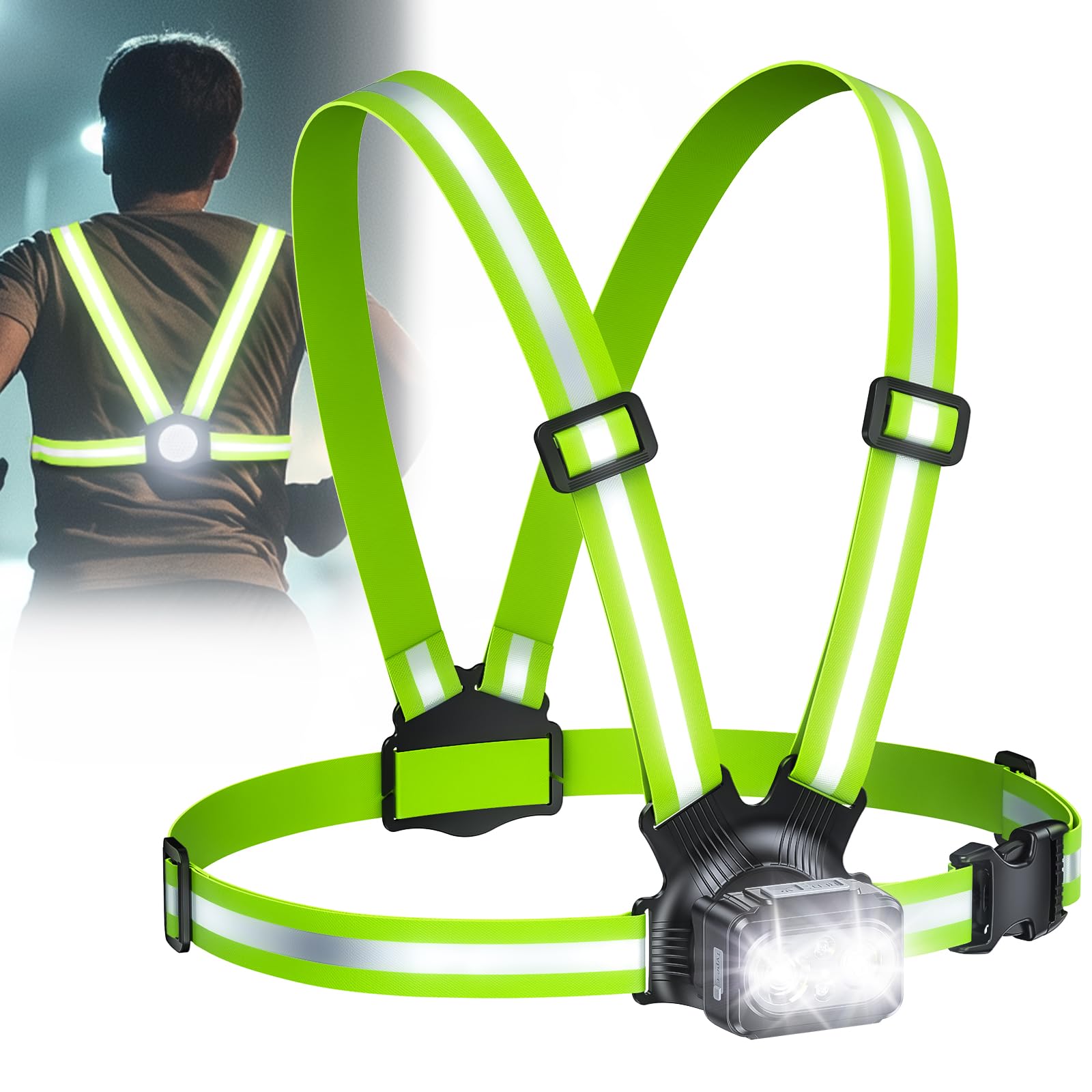 Rolgno 500 Lumen Lauflicht, Lauflampe Joggen mit 360° Reflektoren, Wiederaufladbar Brustlampe, 45° Verstellbar, 7 Modi & IPX4 Wasserdichter Running Light Stirnlampenzubehör für Nachtlauf