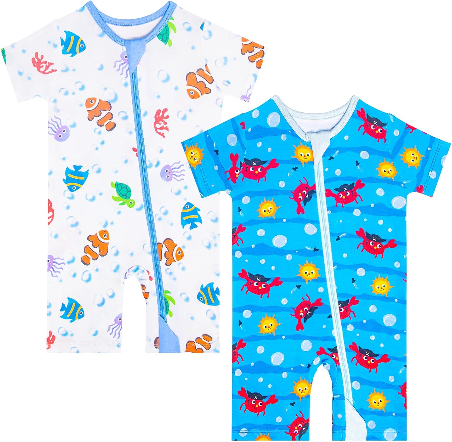 GUISBY Baby Romper 2-Pack, Soft Zipper Romper, Short Sleeve Footless Pajamas, Breathable Summer Infant Clothes 0–18 Months