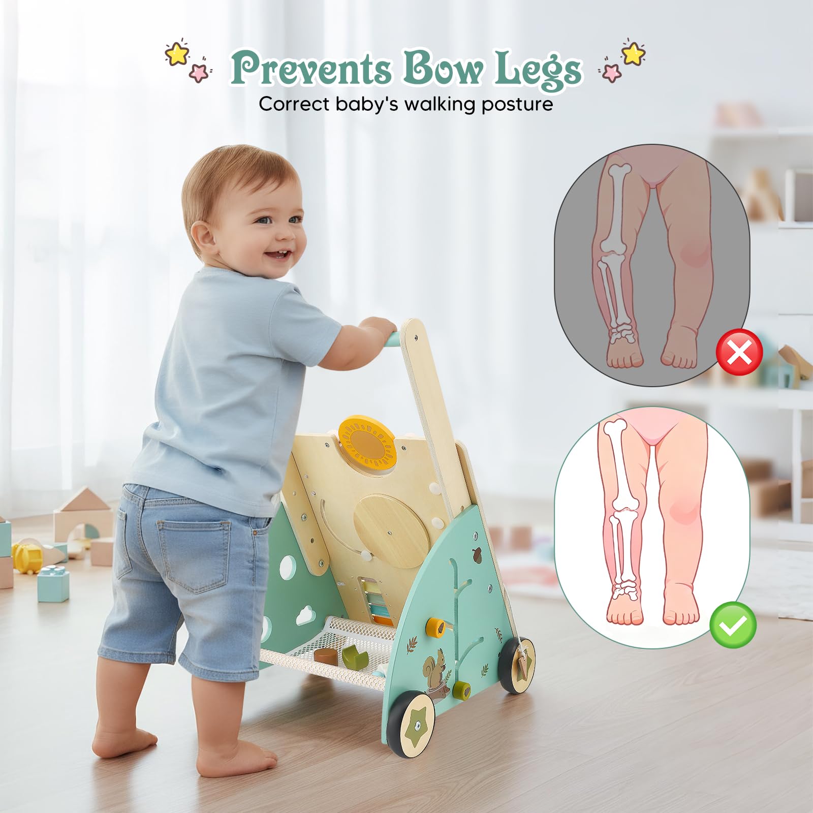 Carrello Primi Passi in Legno per Bambini,10 in 1 Baby Activity Center Push Walker regolabile, Girello Montessori con Centro Attività,da 10 mesi a 1-2 anni,Baby Walker Regali di Compleanno