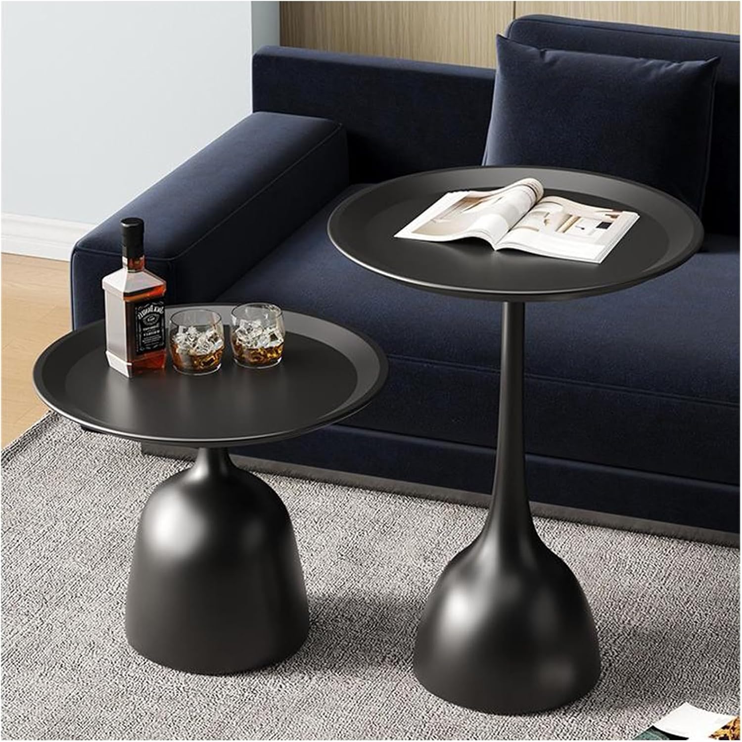 nesting coffee table set of 2, modern round side table, metal end tables versatile for living room, sofa side and bedside use, matt black (black)