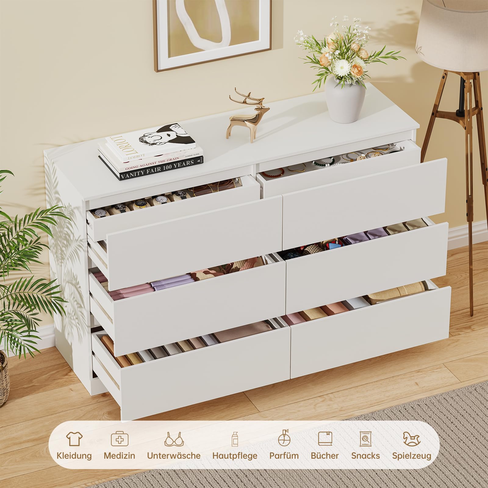 Asgolion Kommode mit 8 Schubladen, 120 x 36 x 75 cm, Moderne Kommode mit versteckter Schublade, Kommode mit Großer Kapazität, Holzkommode für Wohnzimmer, Schlafzimmer oder Flur, weiß, EU25DS126W