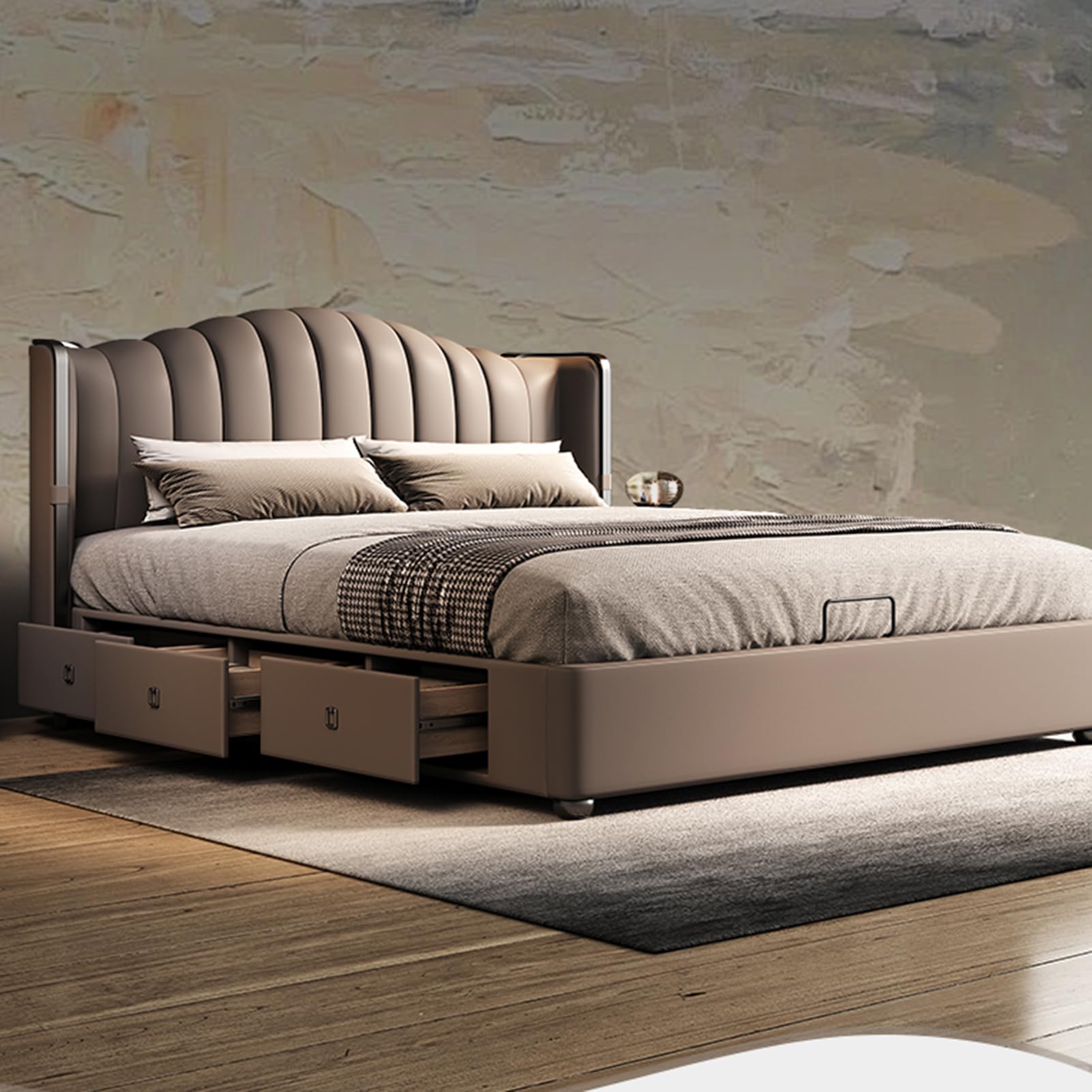 Modern King Size Bed Set Genuine Leather Bed with Wingback Headboard and Storage Drawers Upholstered Platform Bed Frame