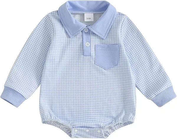FOCUSNORM Newborn Baby Boy Fall Clothes Long Sleeve Romper Onesie Lapel Collar Plaid Bodysuit Infant Boy Winter Outfit