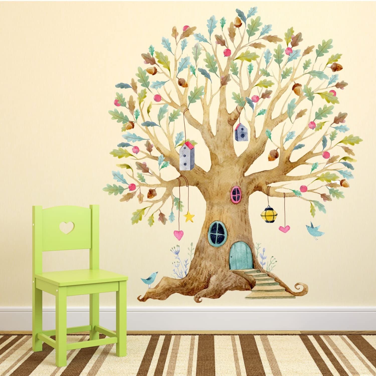 nikima Schönes für Kinder 241 Tatuaż ścienny z kolorowym drzewem, dąb, elfy, dom, wymiary 1200 x 1400 mm, w 2 rozmiarach, do pokoju dziecięcego, naklejka ścienna, dekoracja ścienna