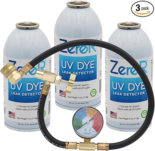 ZeroR® AC UV Dye Leak Detector R134, R12, R22, | 3 Cans (3 Cans + HD Can Tap Gauge)