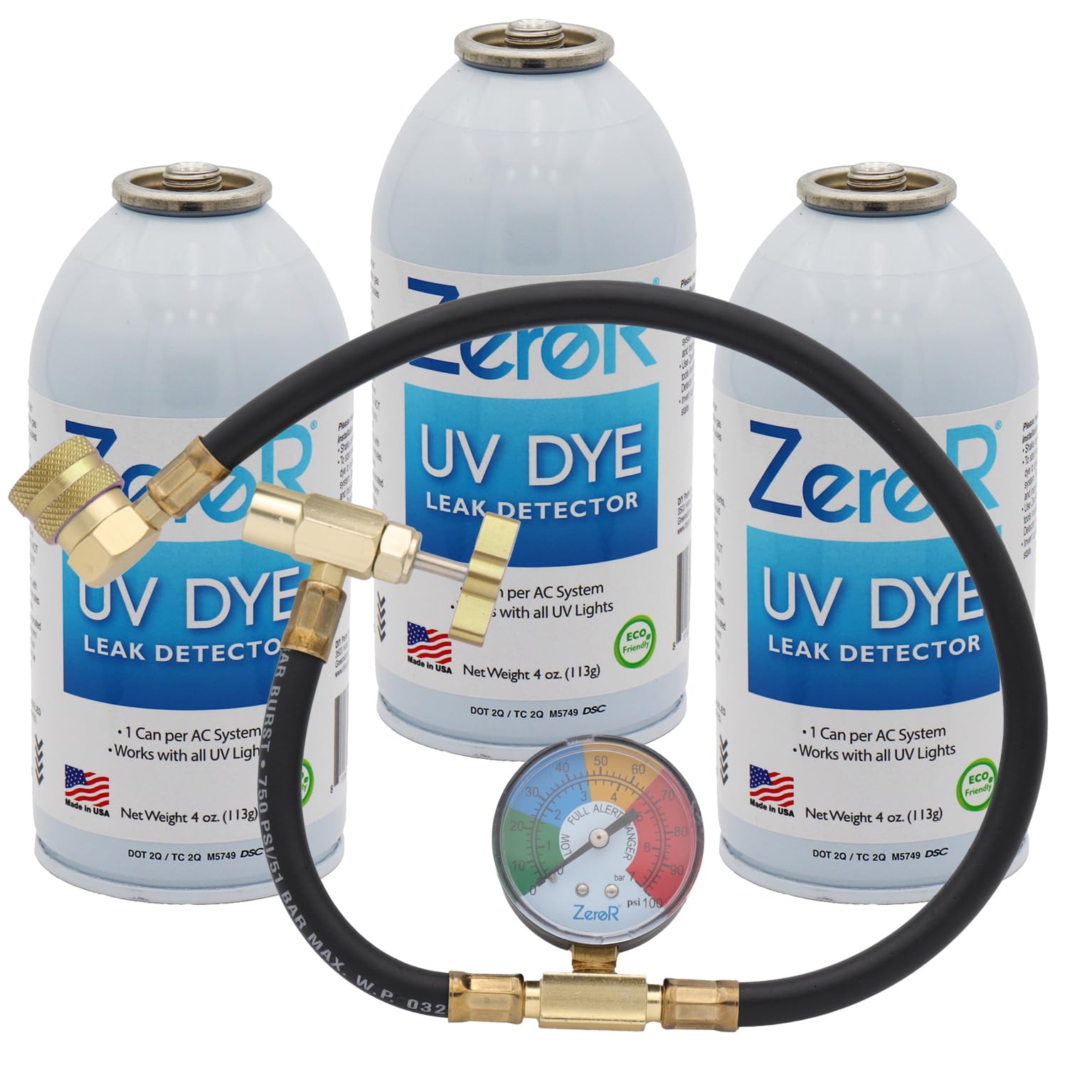 ZeroR® AC UV Dye Leak Detector R134, R12, R22, | 3 Cans (3 Cans + HD Can Tap Gauge)