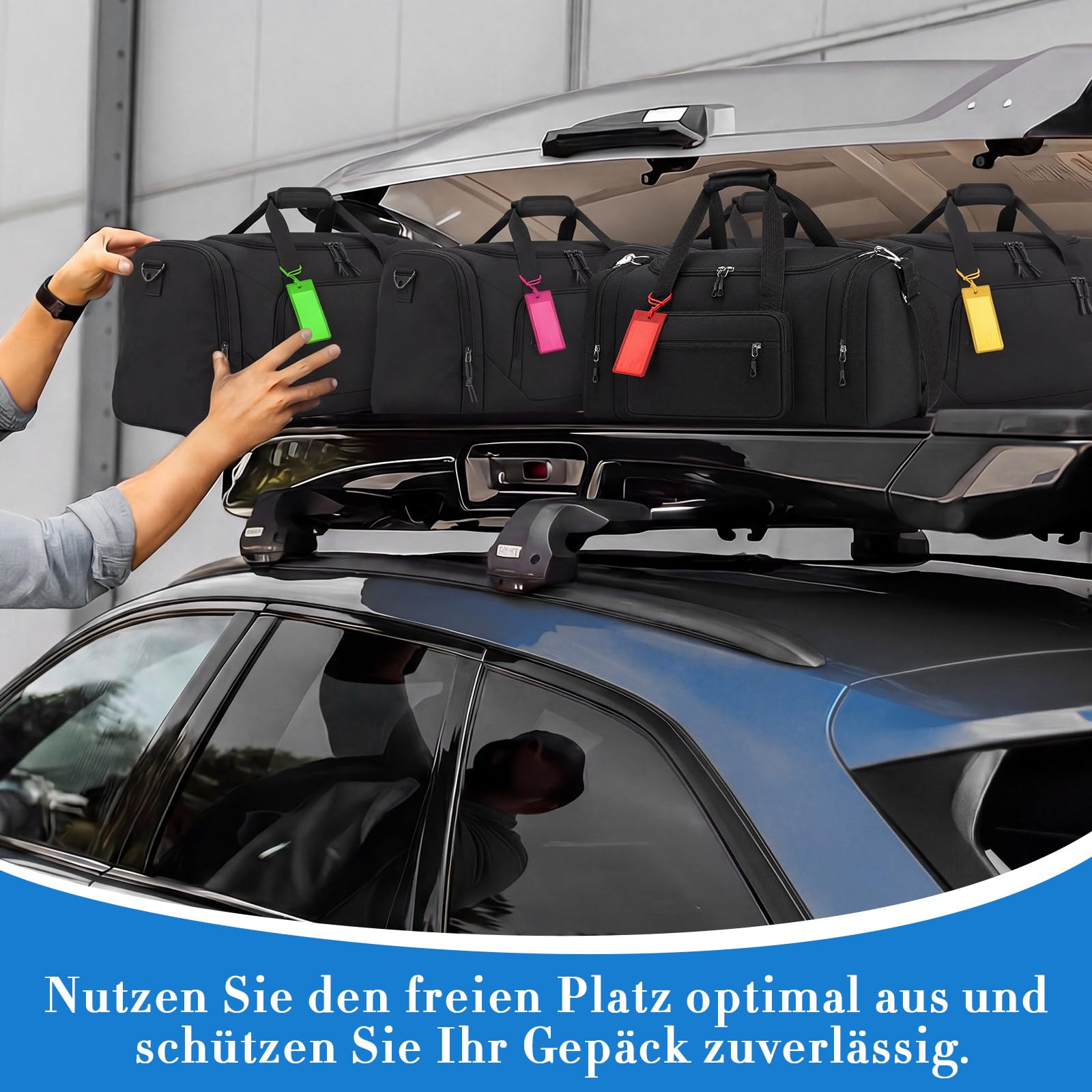 Weewooday 5er Dachbox Tasche Set 4 Dachgepäckträger Tasche 61 cm 55L und 1 Dachgepäck 51 cm 35L Duffel Bag mit Schuhfach Schwarze Reisetasche mit 5 Gepäckanhänger für Auto Dachbox Urlaub Camping Umzug