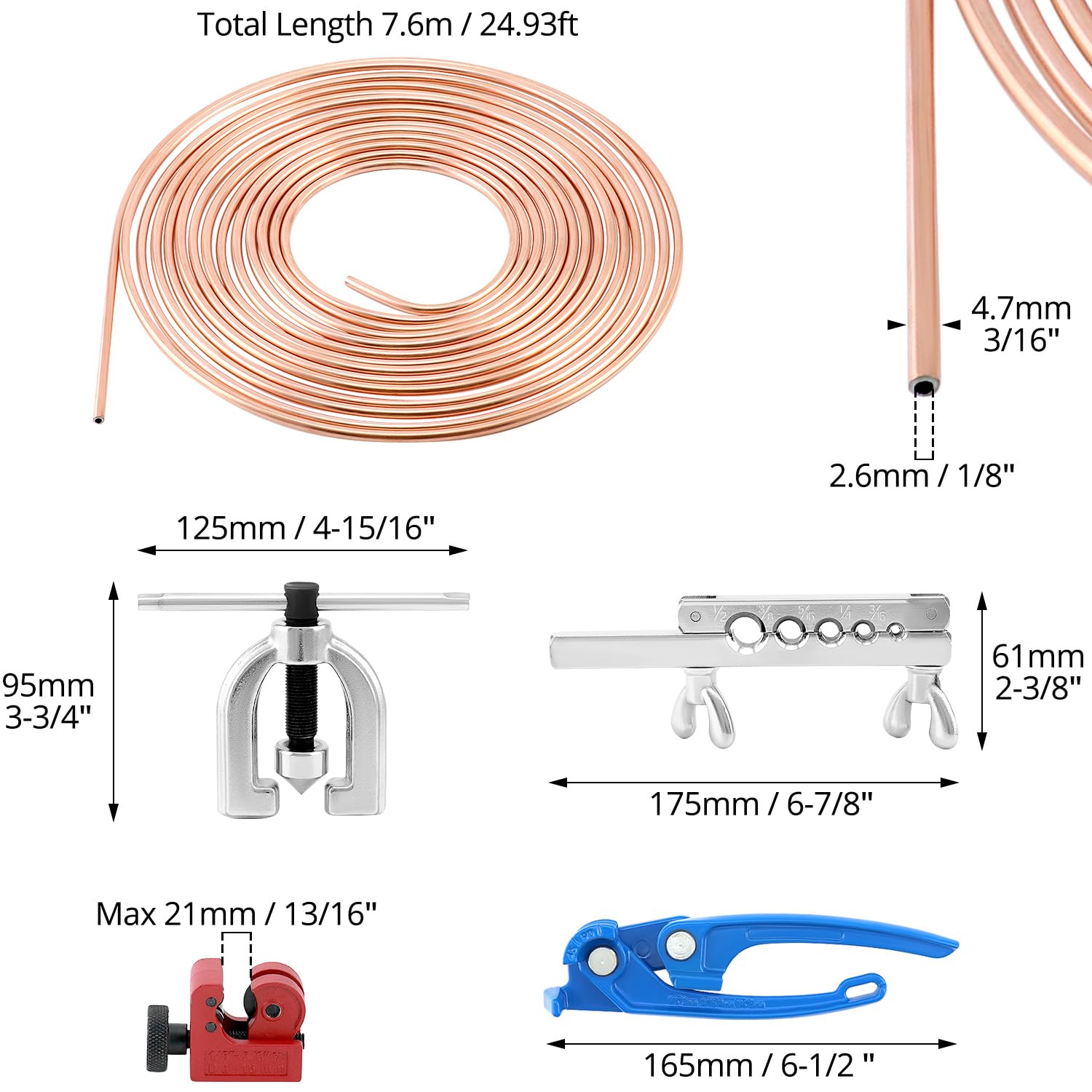 QWORK Kit Svasatura Tubi Freno Rame 7.62m Adattatore Multi-Dimensione Piegatubi Blu