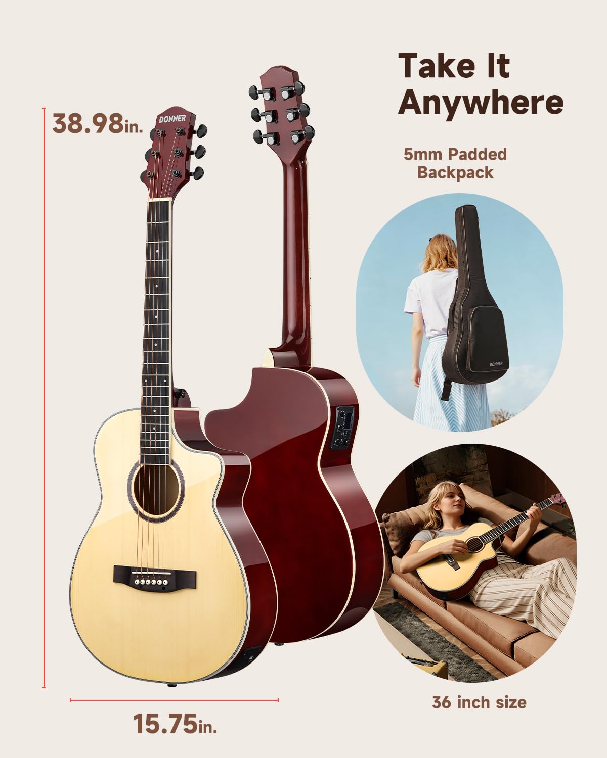 Donner Voyager - Kit de guitarra eléctrica acústica, guitarra JF Cutaway 3/4 con pastilla y afinador integrados, ecualizador de 3 bandas, paquete de guitarra de viaje portátil con bolsa de concierto