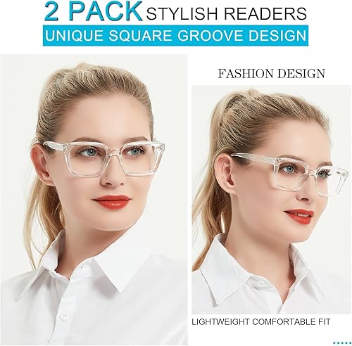 Miniatura 2 de MARE AZZURO 2 pares de anteojos de lectura 2.00 para mujer, elegantes lectores de gran tamaño 100, 150, 200, 250, 300, 350 (transparente, 2.0)