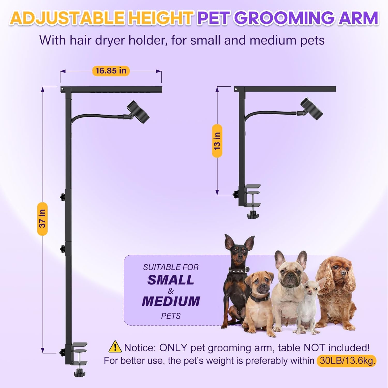Dog Grooming Arm with Metal Clamp, Dog Grooming Table Arm & Hair Dryer Stand Hands Free Blower Hose Holder 2 in 1, Adjustable Grooming Arms for Tables with Loops for Groomers for Small Medium Pets