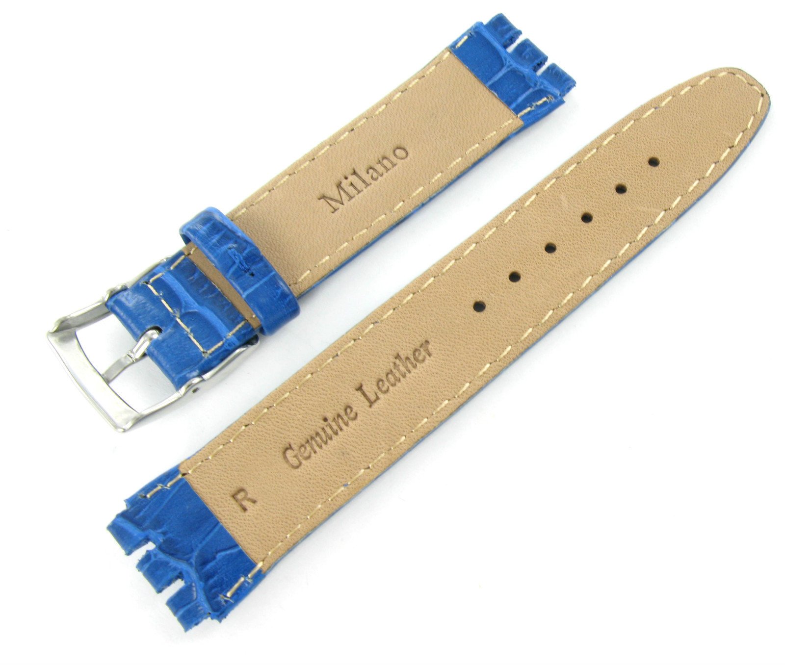 19mm Genuine Leather Alligator Grain Padded Royal Blue Watch Band Fits Swatch