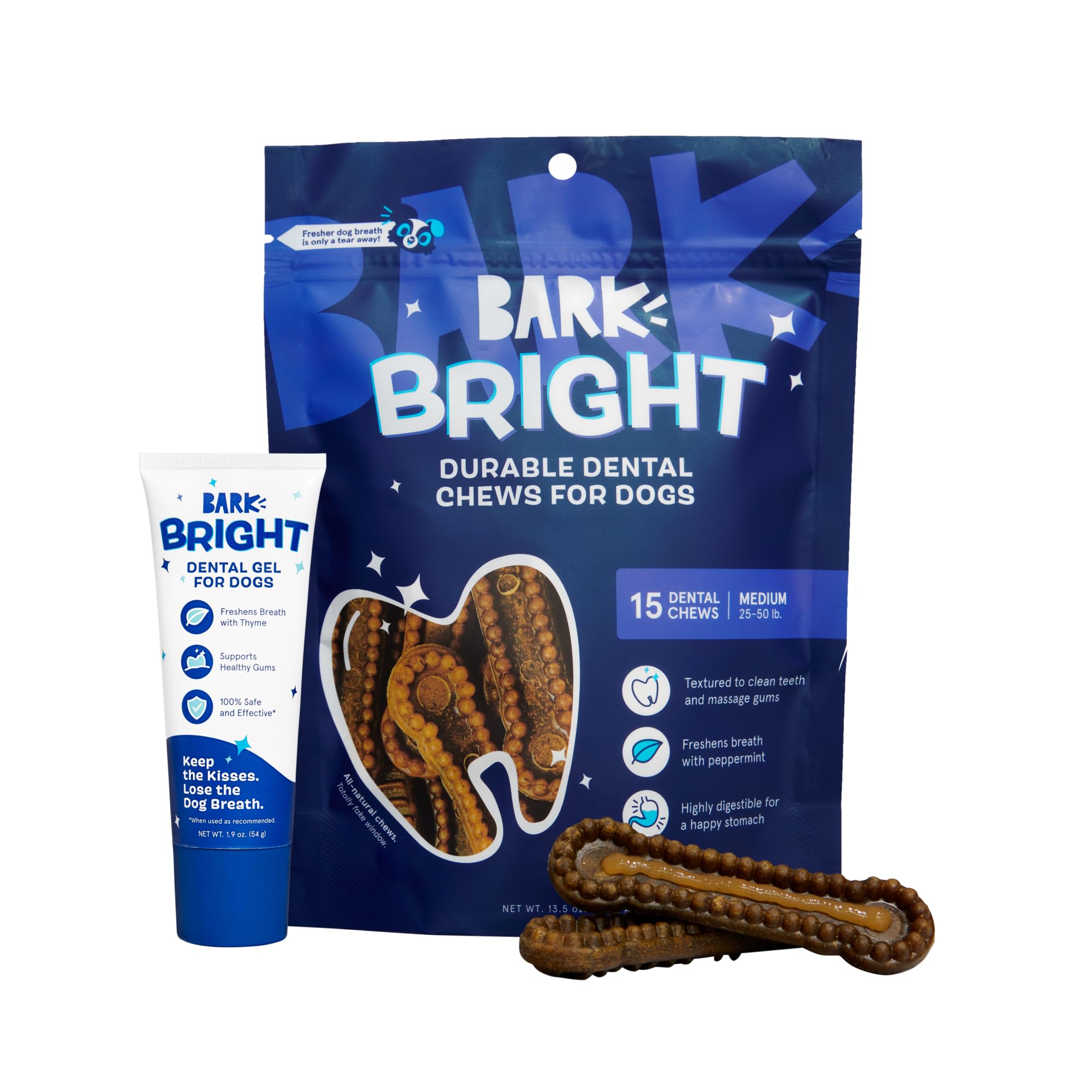 Bark Bright - Kit de masticables dentales duraderos - Kit de cepillado de dientes de perro con masticables de limpieza de dientes y pasta de dientes - Removedor de placa y sarro para dientes más