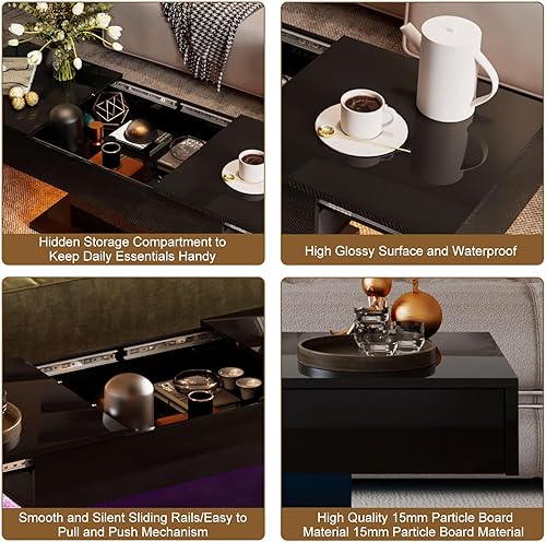 Miniatura 6 de Mesa de centro LED para sala de estar, parte superior deslizante con almacenamiento oculto, mesas de centro modernas de alto brillo con luces LED de