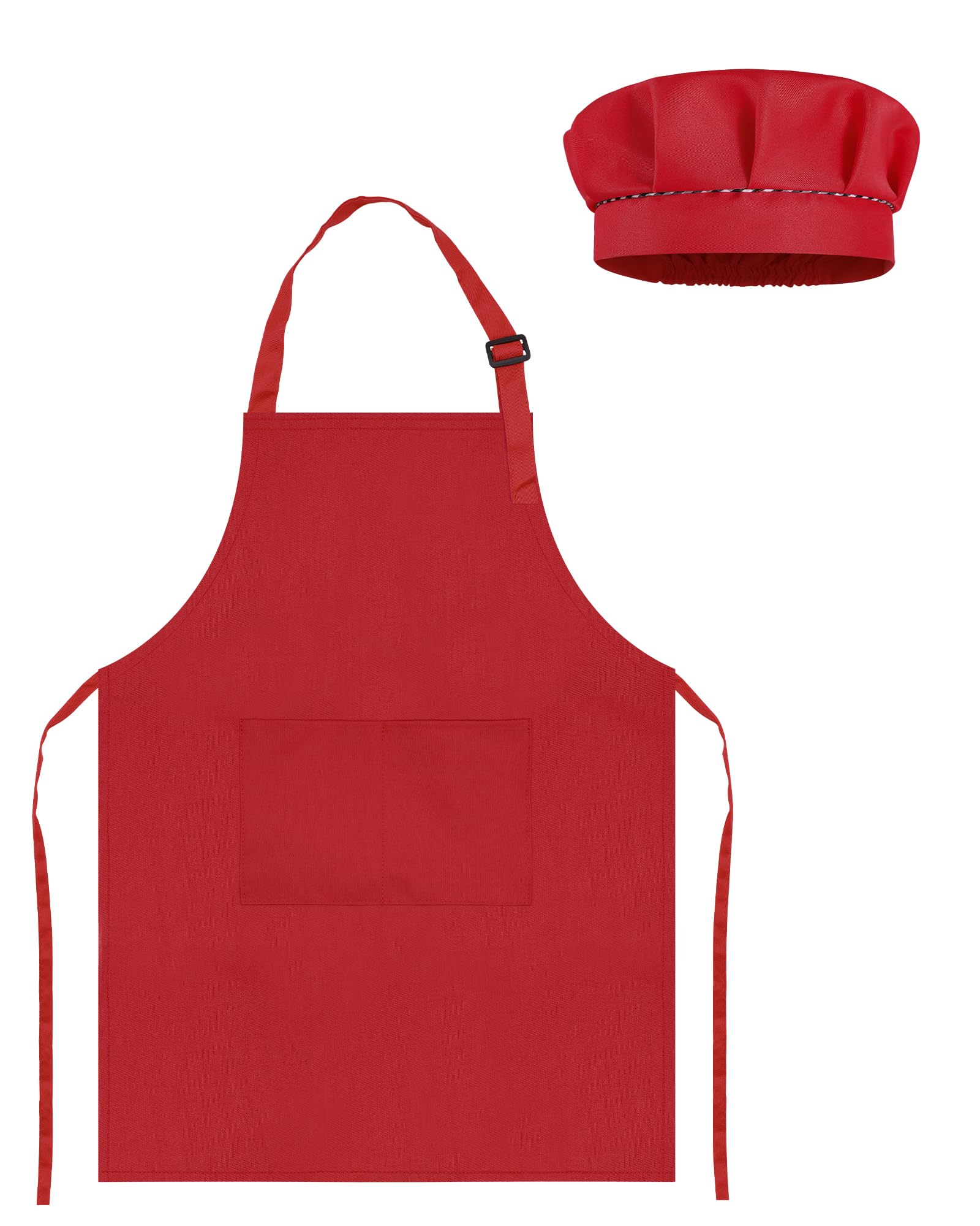 TOPWAYS Kids Apron and Chef Hat Set, Adjustable Children Chef Apron Outfit Costume, Kitchen Apron for Baking Cooking Painting, Artist Apron with Two Pockets (red, L (7 to 13 years))