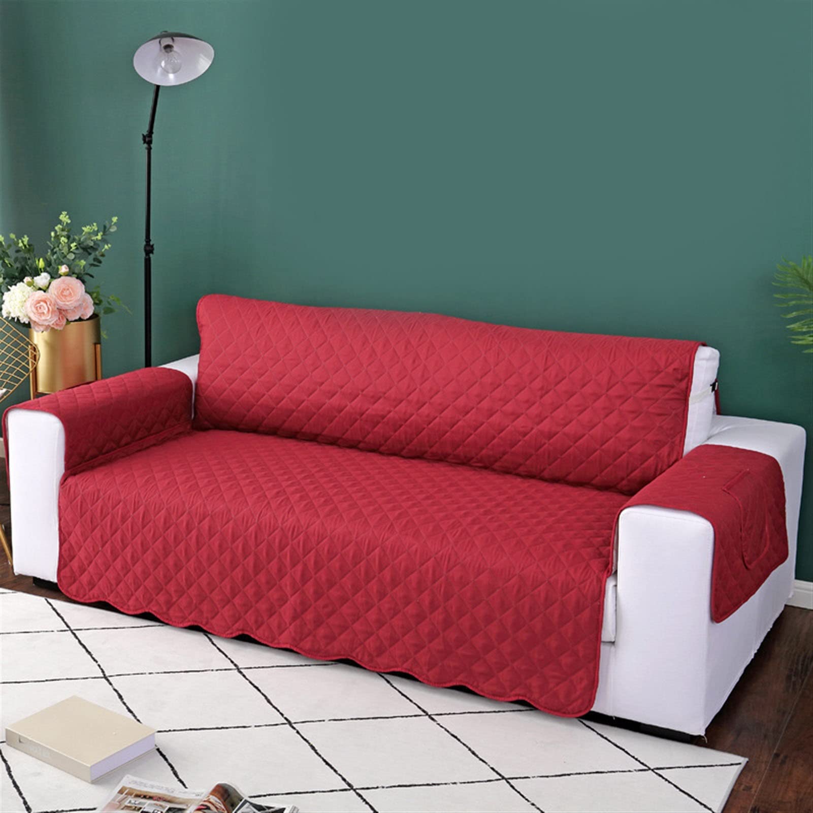 Cubierta de sofá impermeable color rojo con protección total de reposabrazos extraíble