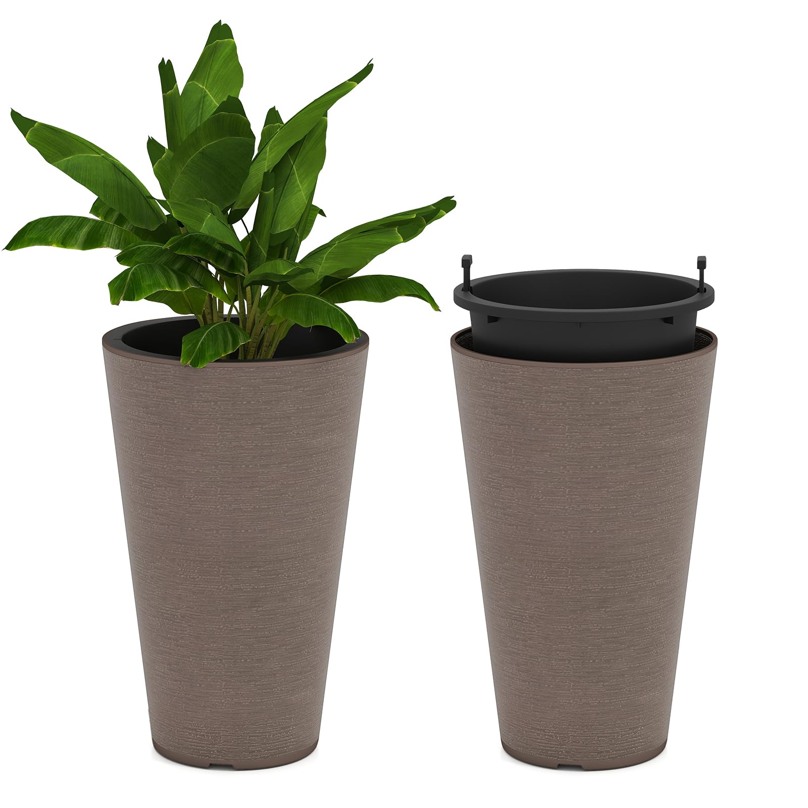 2 x Plastic Flower Pot, 45cm Tall Self-Watering Garden Planters with Removable Inner Bucket & Drainage Holes, Indoor Outdoor Decorative Round Plant Pot Containers for Balcony Patio