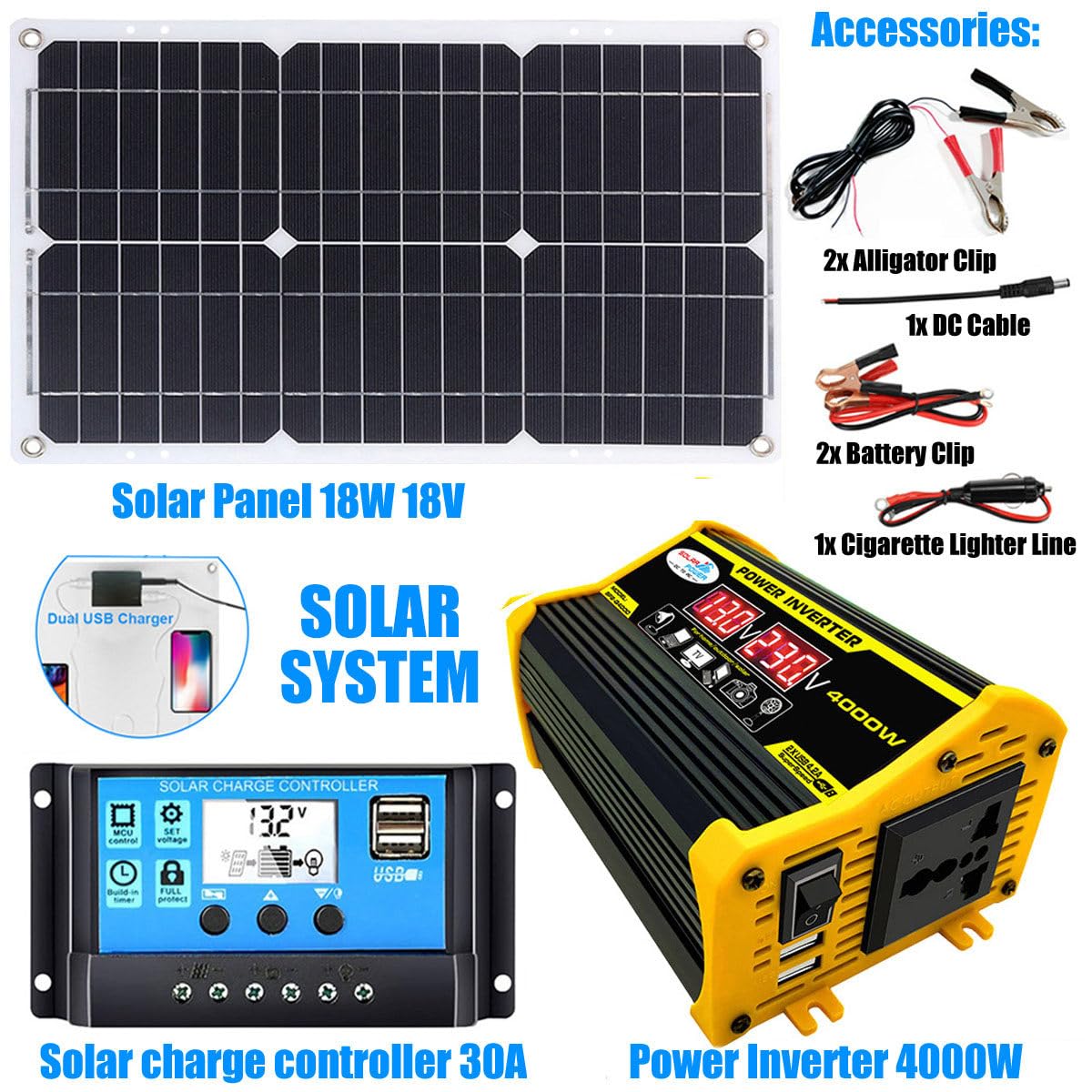 Controlador De Panel Solar E Inversor - Placas Solares para Casa Kit Completo con Panel Solar De 18W E Inversor De 400W, Controlador De Carga Solar De 30A Yellow-220V