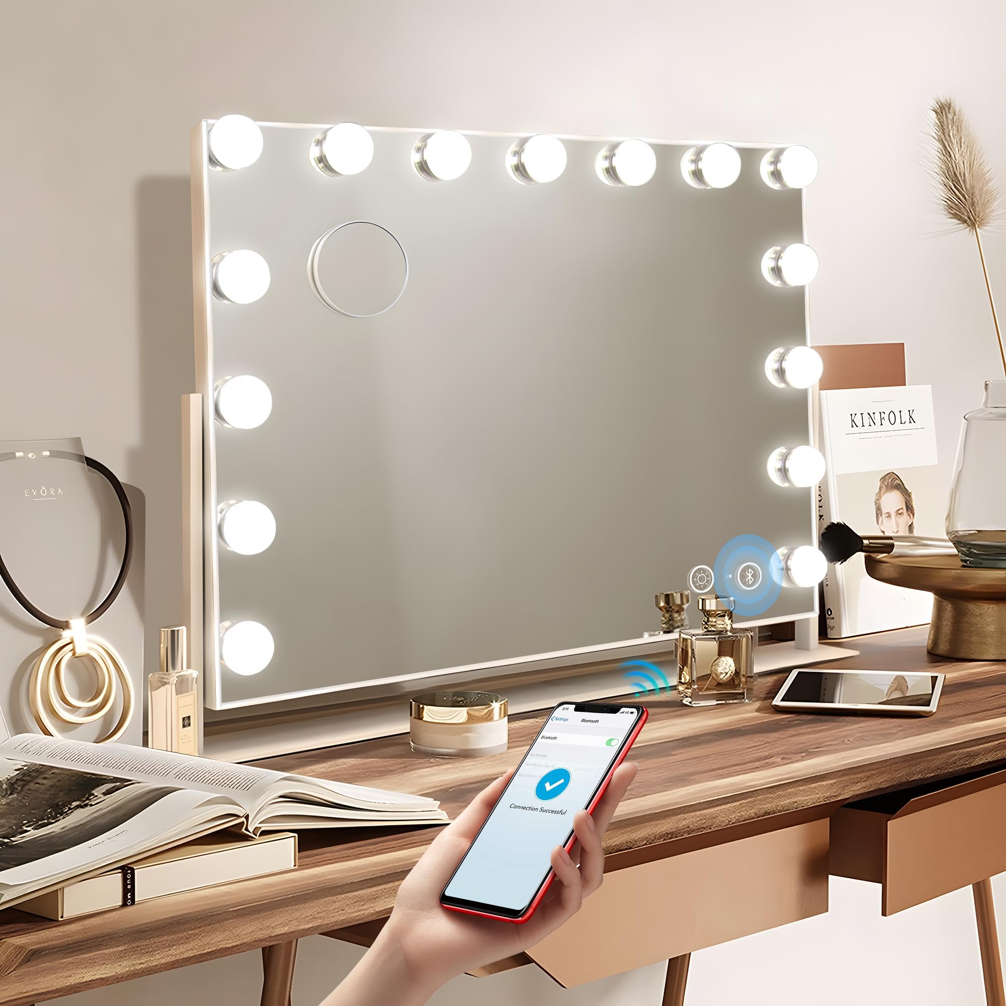 Hansong Hollywood Bluetooth Mirror with 15 LED Lamps, Bluetooth Lighted Makeup Mirror, 360° Rotatable USB Lighted Cosmetic Mirror for Bedroom
