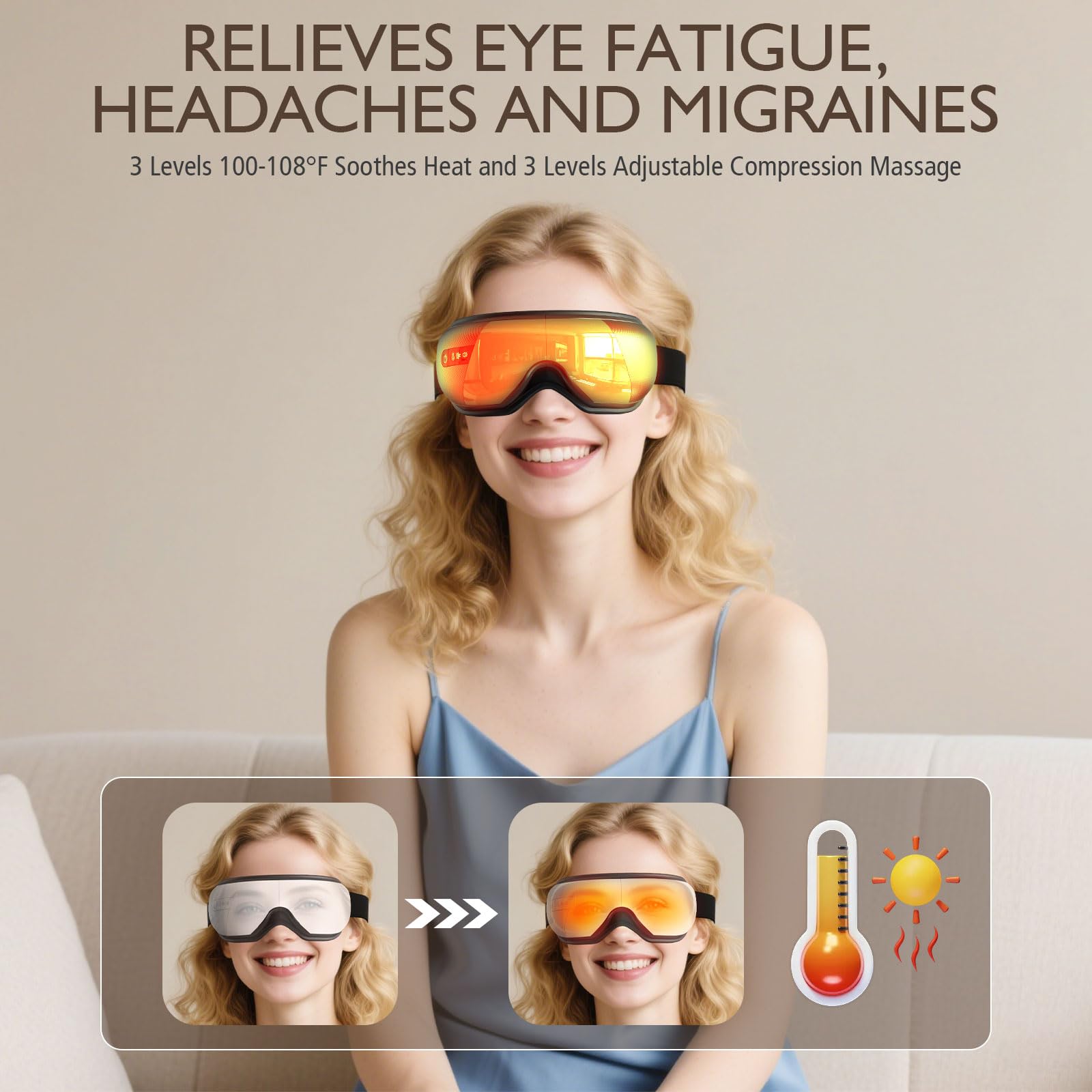 Masajeador de Ojos con Calor y Bluetooth, Máscara Ocular Plegable contra Fatiga, Regalos Día del Padre, Regalo para Hombres, Papá, Relajación, Negro
