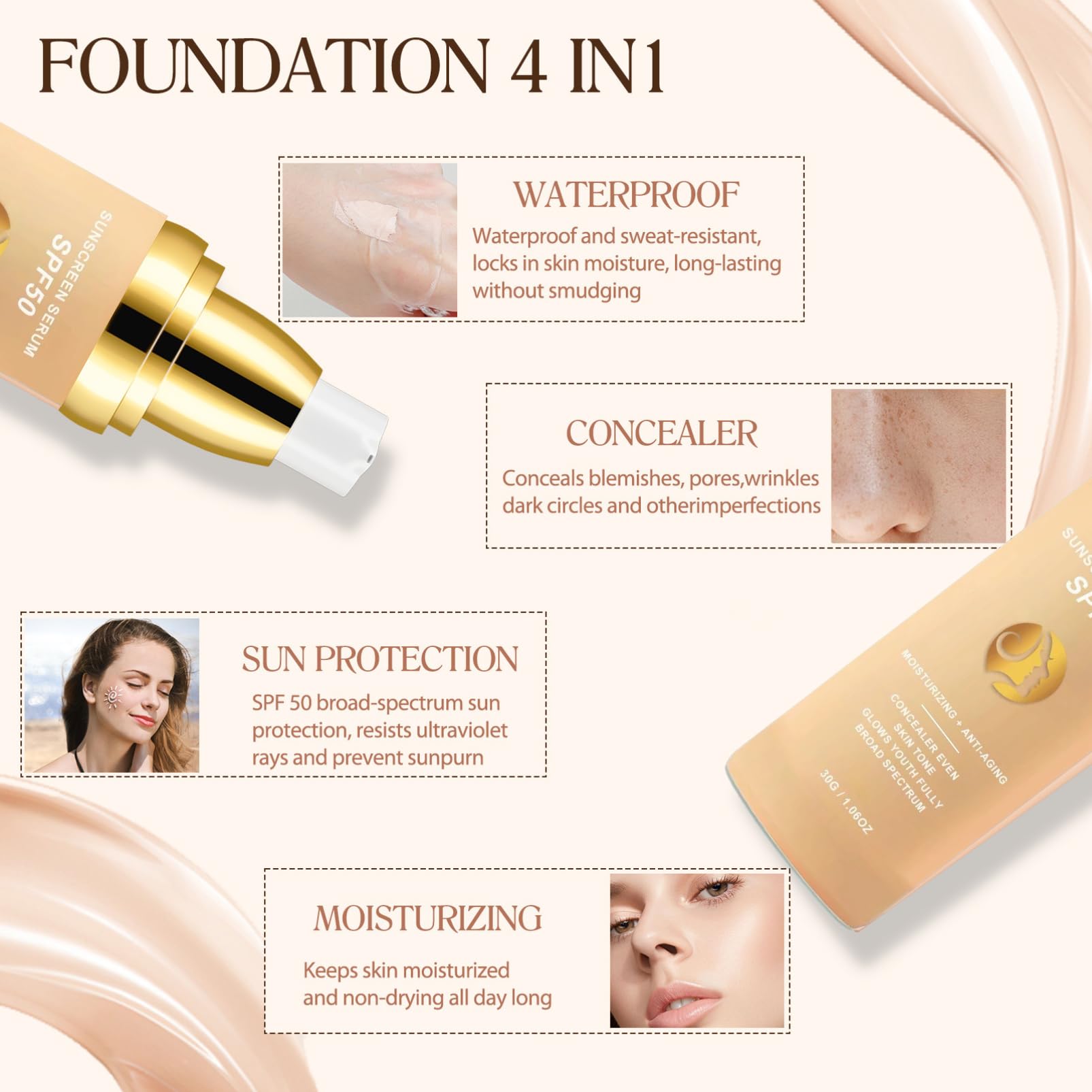 4-in-1 Colour Changing Foundation with SPF50, Full Coverage Liquid Makeup for Mature Skin - Image 3