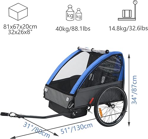 Miniatura 7 de Remolque de bicicleta para niños, adecuado para 1 a 2 niños, 12 meses en adelante, fijación rápida a la bicicleta, plegable, con arnés de 5 puntos y