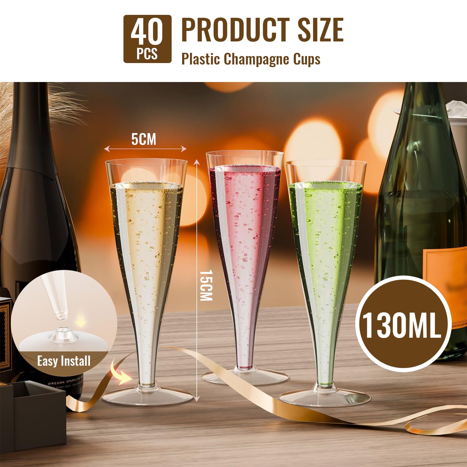 40er-Pack Plastik-Sektgläser Einweg-Sektgläser, 4,5 oz klare Mimosa-Gläser Cocktail-Toastgläser in Großpackung für Partyzubehör, Hochzeit, Braut, Bar,