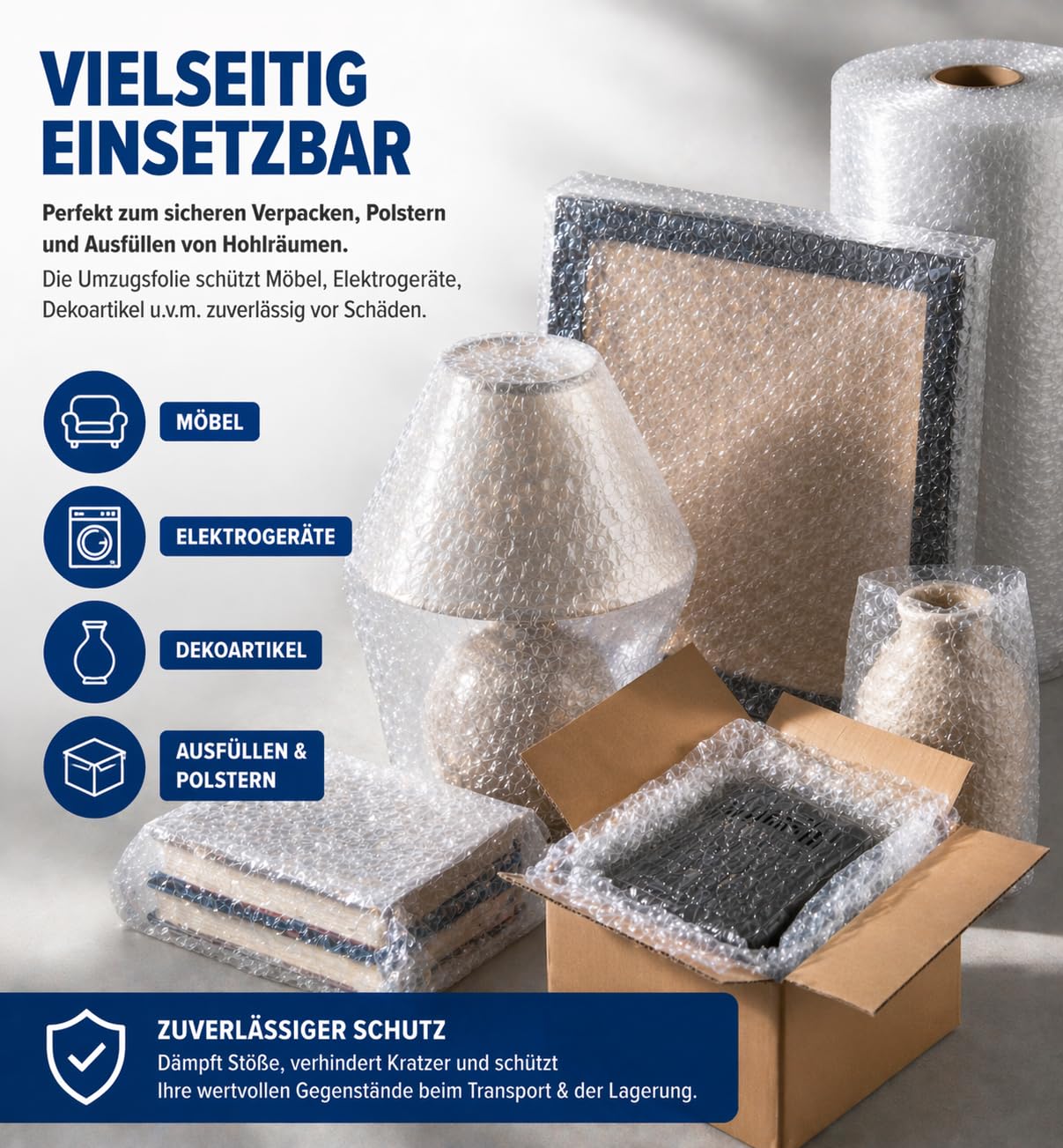 All4All Luftpolsterfolie 150cm x 50m EXTRA STARK 50my – Reißfest & Wasserdicht – Profi Verpackung für Umzug, Möbel & Glas – Noppenfolie Rolle Transparent