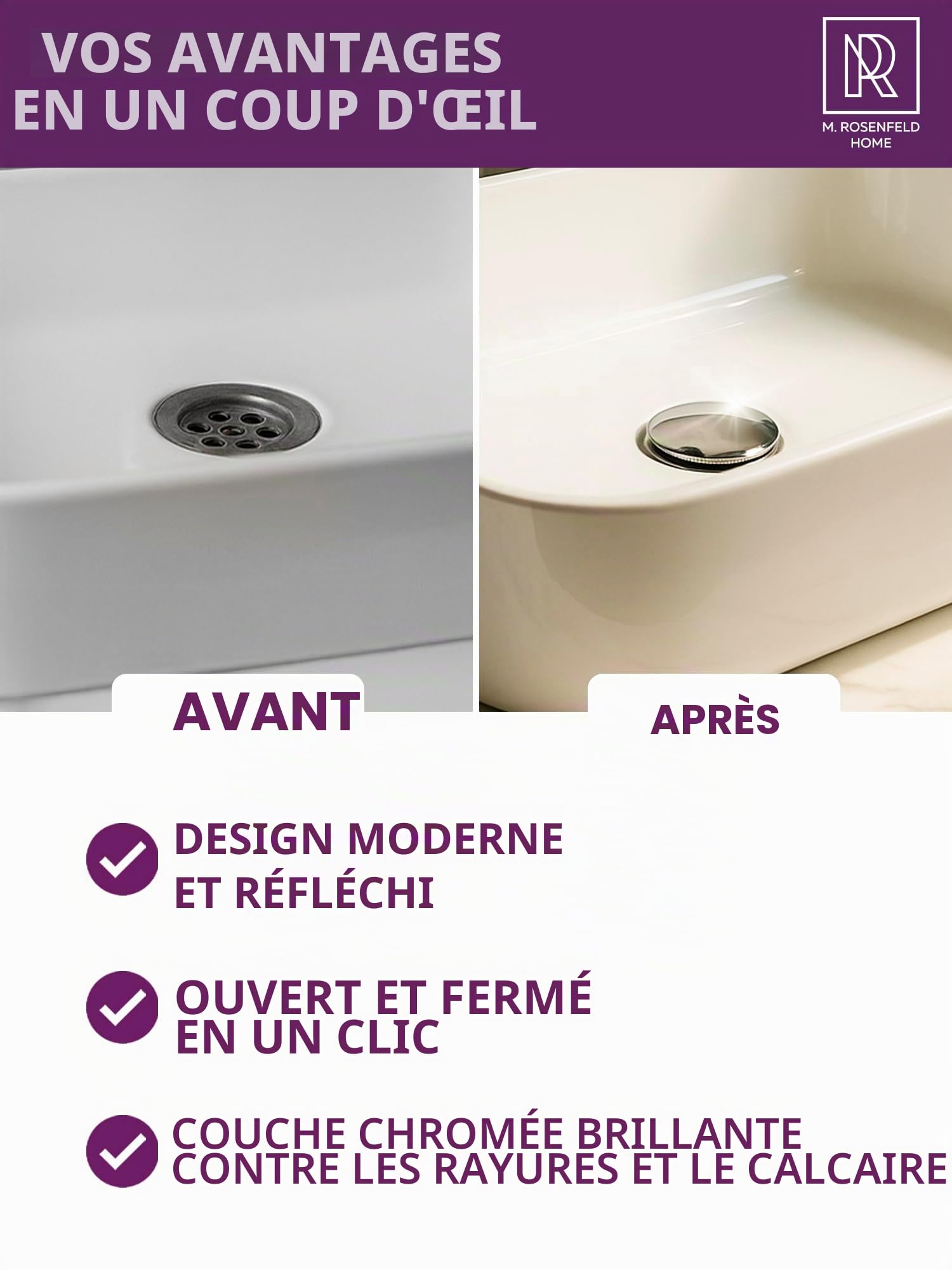 M. ROSENFELD HOME Siphon de design pour lavabo avec ensemble de vidange avec trop-plein extra long - avec valve de vidange pop-up siphon tubulaire anti-odeurs avec joints d'étanchéité inclus