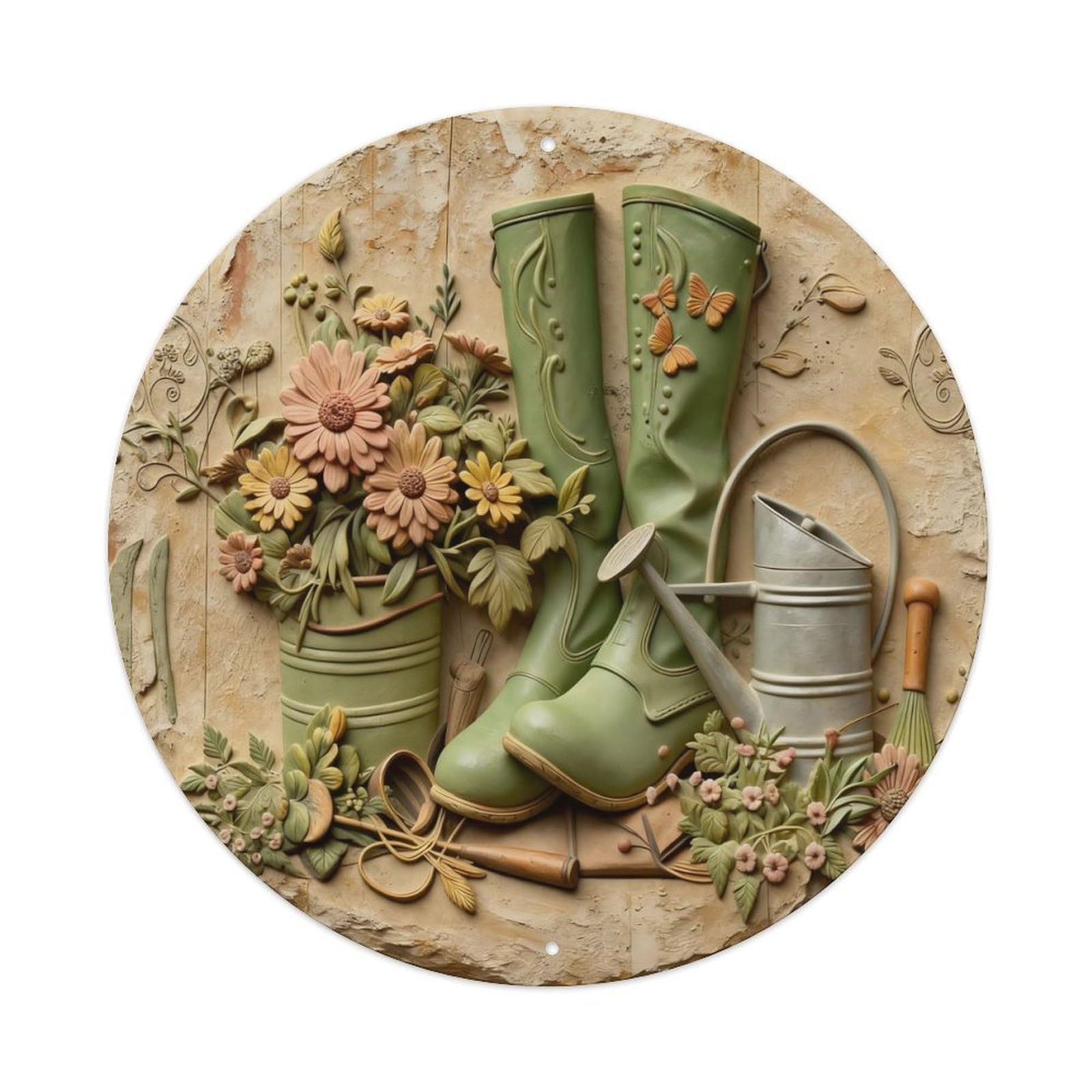 Zlatcbu Vintage Garden Boots Flowers Bucket Tools Butterflies Metal Tin Sign Retro Wall Art Poster, Decor For Home Living Room Bar Cafe Garage, 8X8 Inch