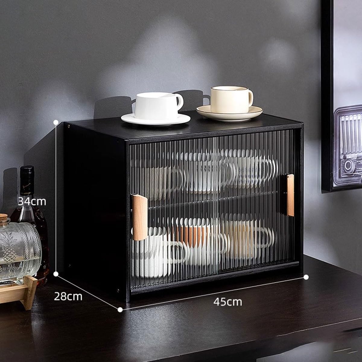 Wooden Display Cabinet,21.65 Inch Pantry Case Black Coffee Cup Storage Wall Sideboard with Glass Doors, Countertop for Living Bedroom Kitchen(45cm)
