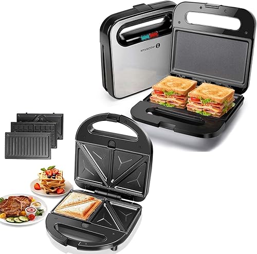 Aigostar Sandwicherera, 3 en 1 Panini Press antiadherente Sandwichera Desayuno Queso a la parrilla, Tostadora de Pan de Acero Inoxidable