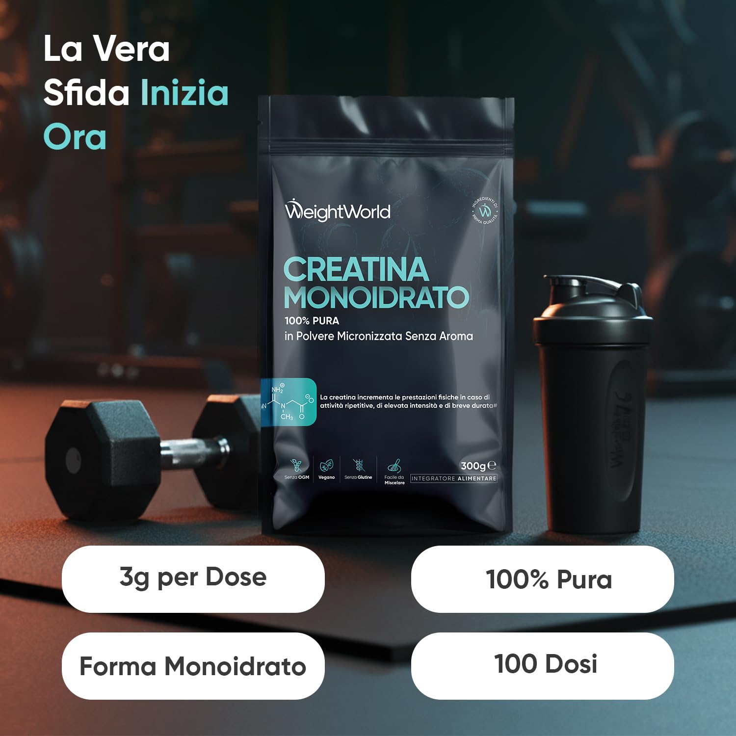 Creatina Monoidrata in Polvere 100% Pura, Vegana, 100 Dosi, Fattore di Maglia 200, 1 Solo Misurino al Giorno, Creatina in Polvere Micronizzata da 300g con Misurino, Pre Workout, Intra e Post Workout