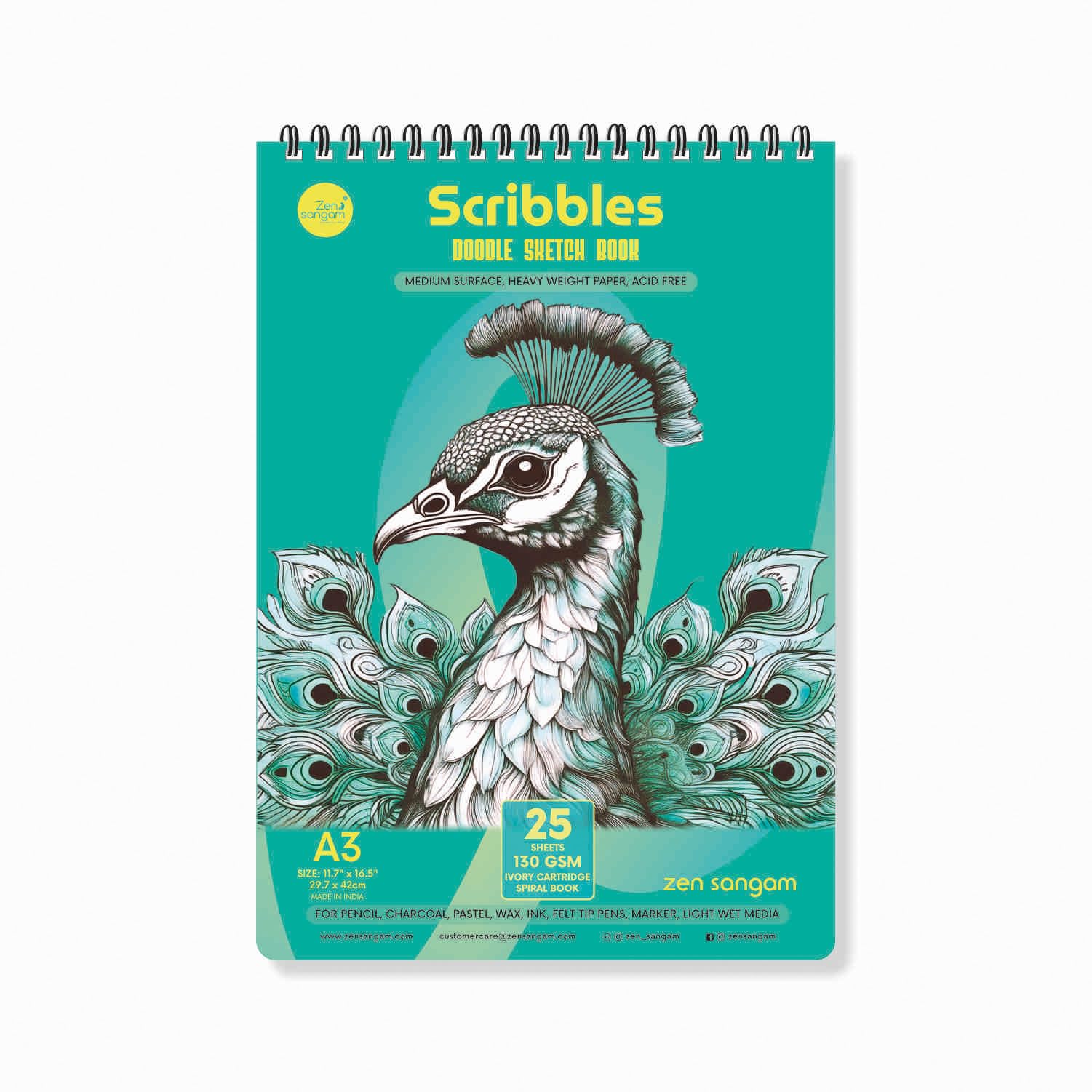 Zen Sangam Scribbles A5 Sketchbook | 50 Sheets 130GSM Acid-Free Paper | Top Spiral-Bound Sketchpad for Artists, Kids & Professionals | Ideal for Markers, Colored Pencils, Charcoal | Teal (Set of 1)