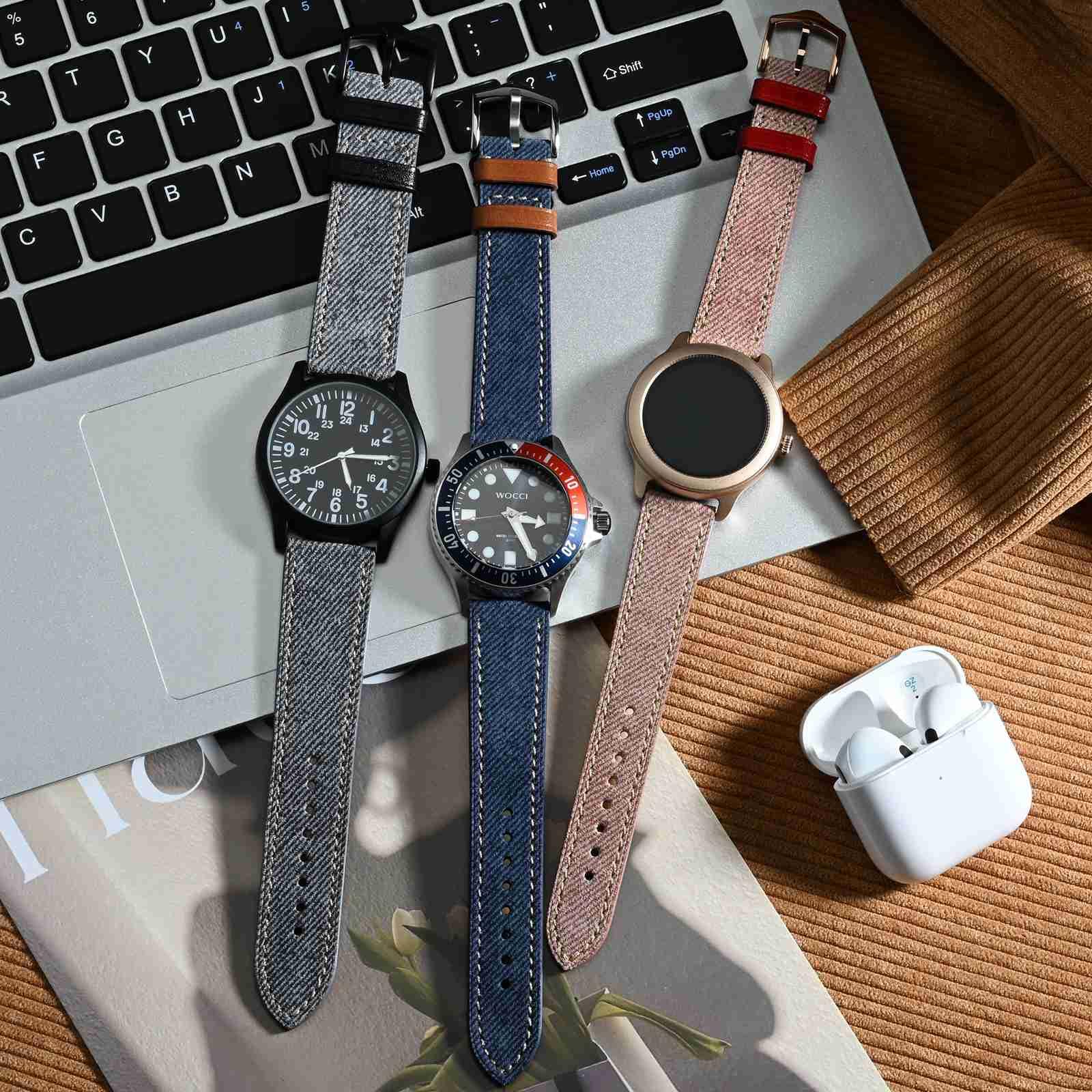 WOCCI Pasek do zegarka ze wzorem denimu, włoska skóra, klamra ze stali nierdzewnej, szerokość paska 18 mm 20 mm 22 mm